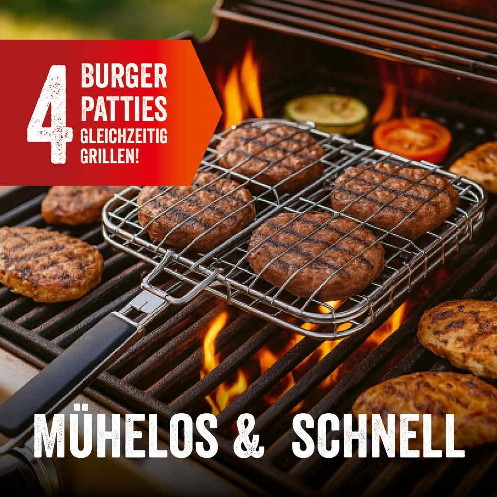 Vier Burger-Patties werden auf einem Grillrost über Flammen gegrillt.