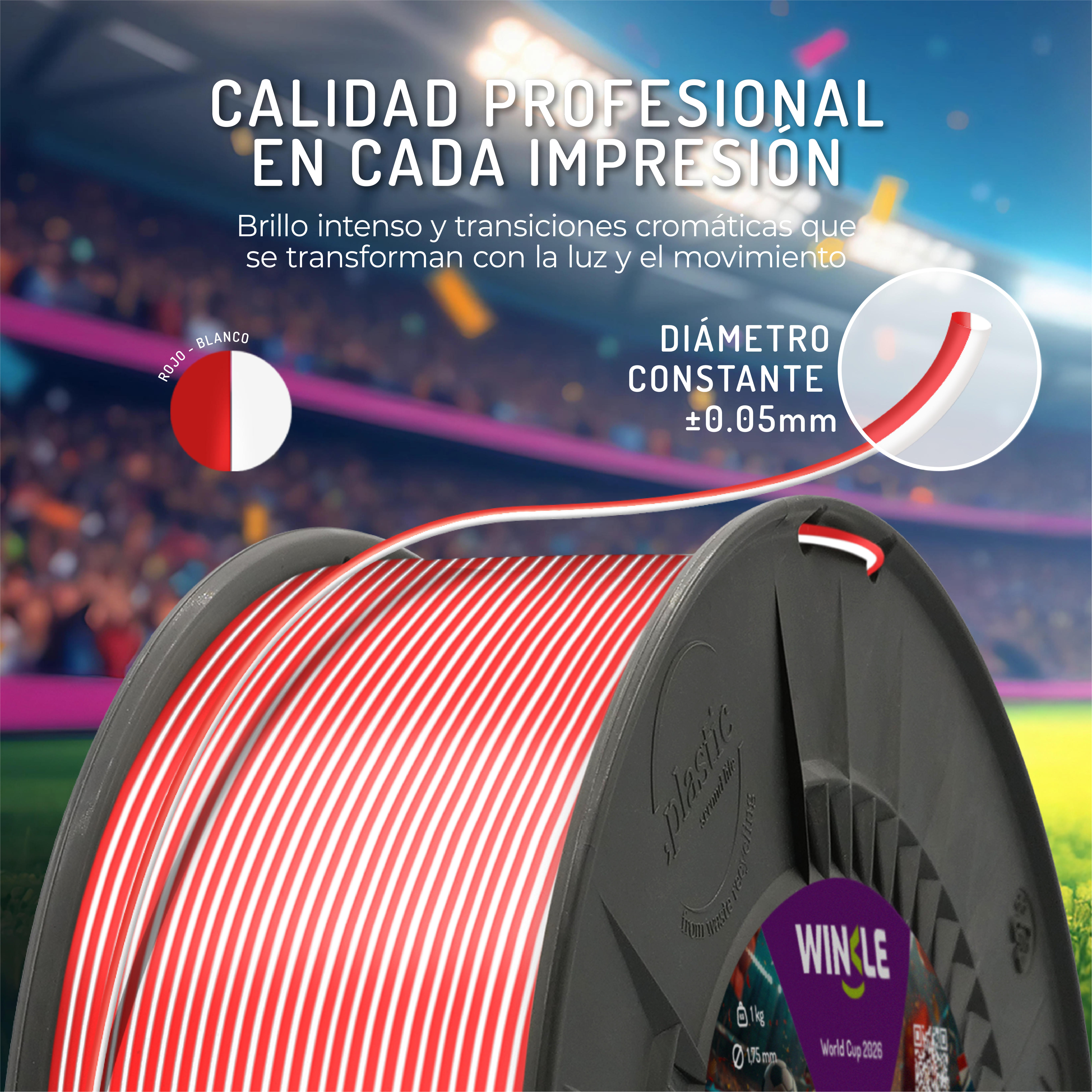 Un carrete de filamento rojo y blanco para impresión 3D.