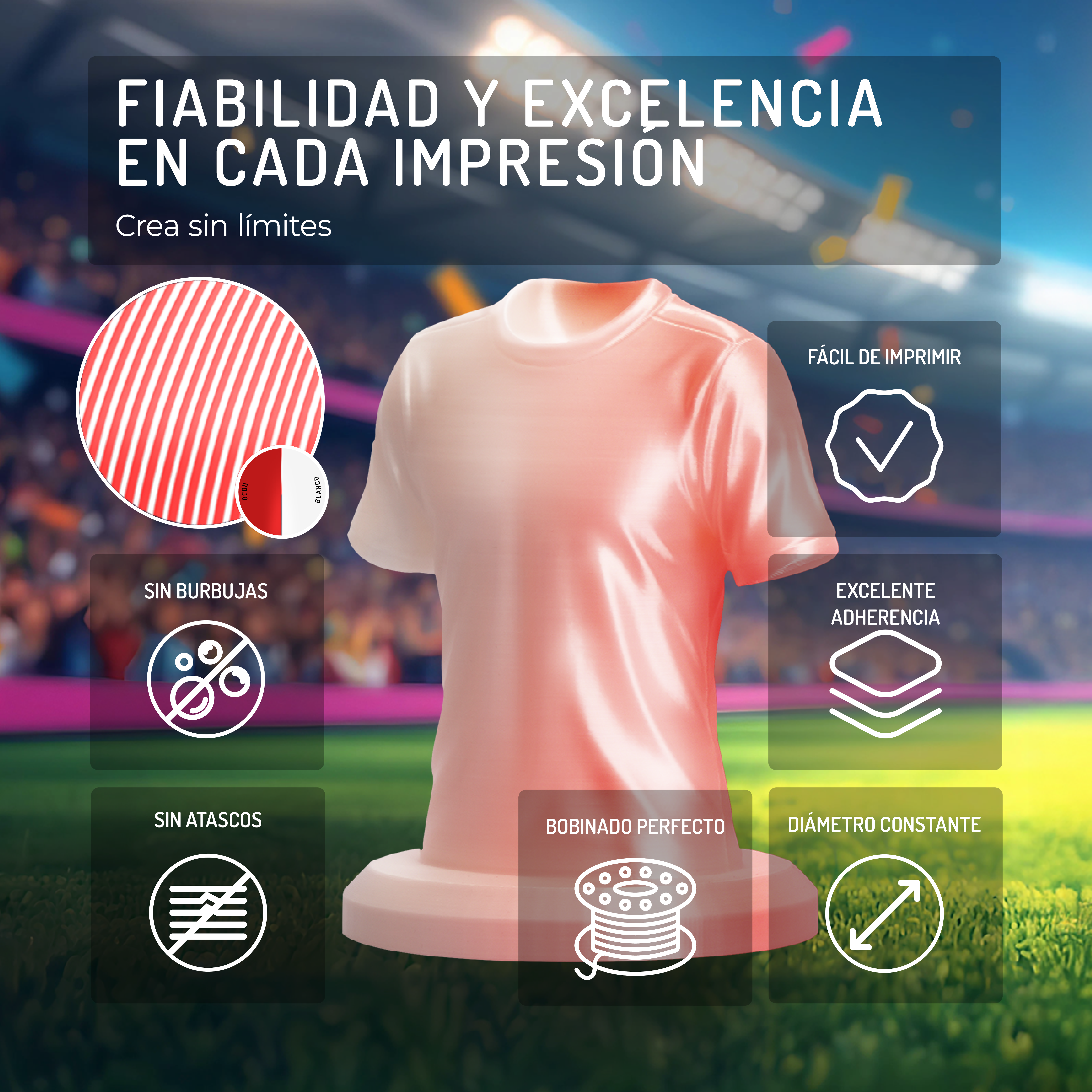 Una camiseta rosa con cuadros de texto sobre fiabilidad y calidad de impresión.