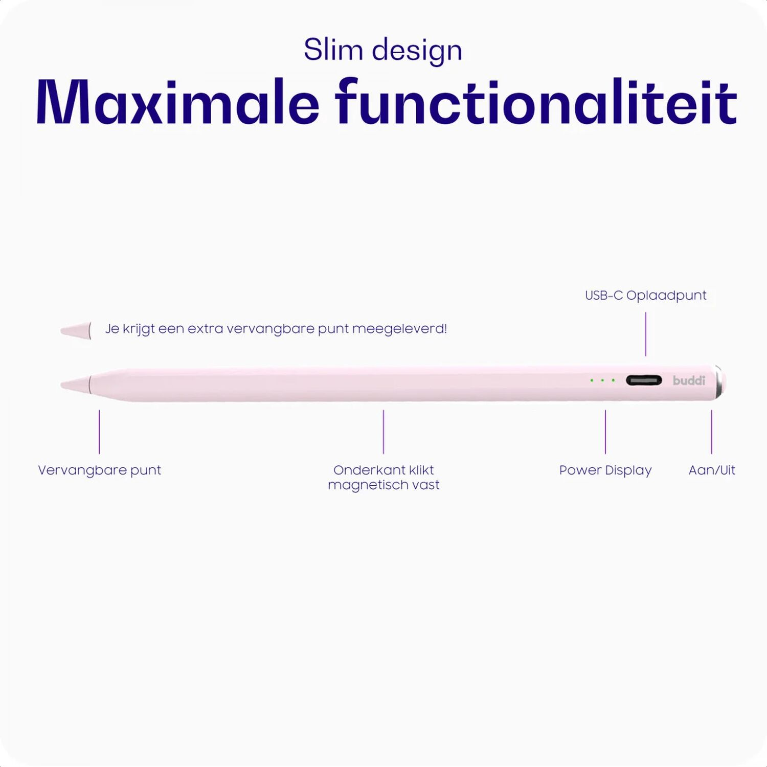 Een roze stylus met USB-C, power display en magnetische bevestiging.