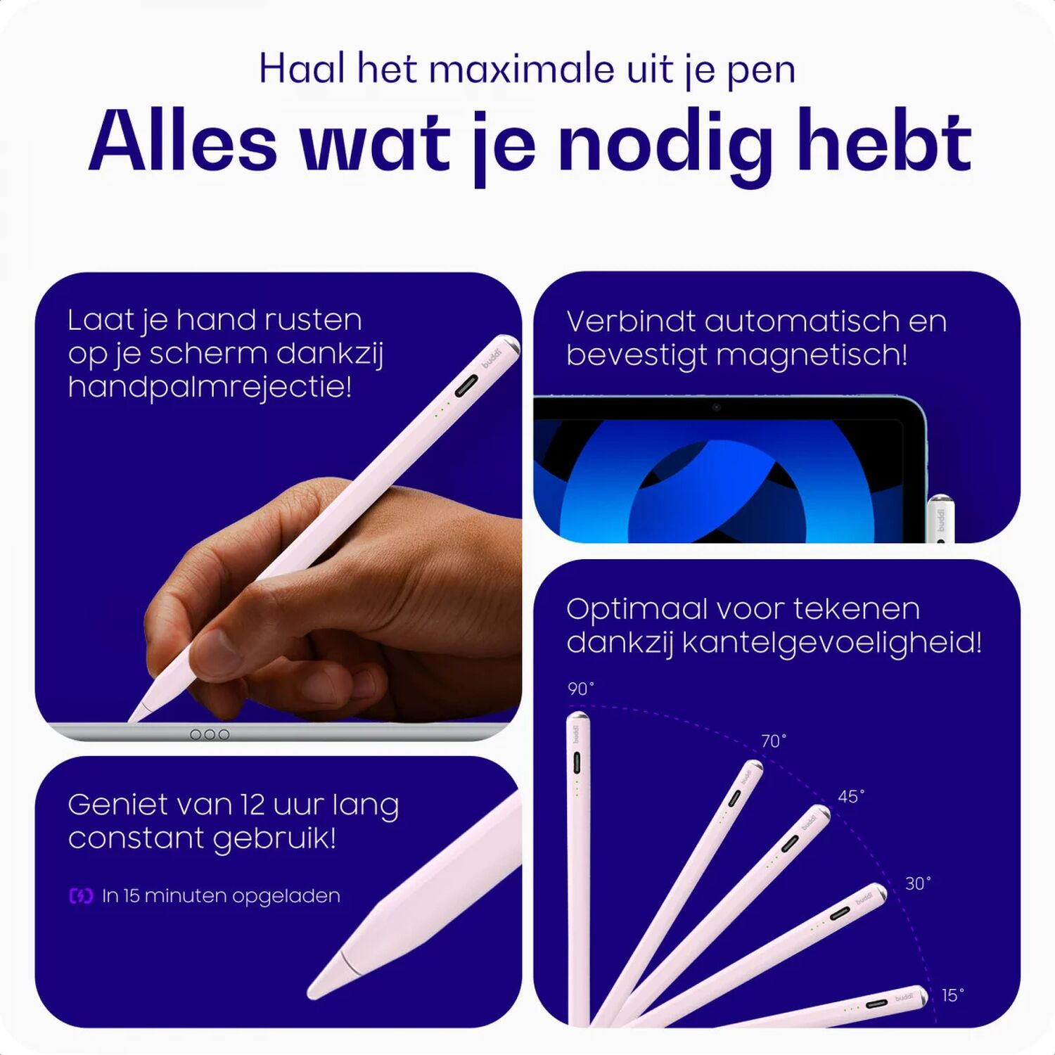 Een lichtroze pen wordt gebruikt op een tablet, met tekst over palmrejection.