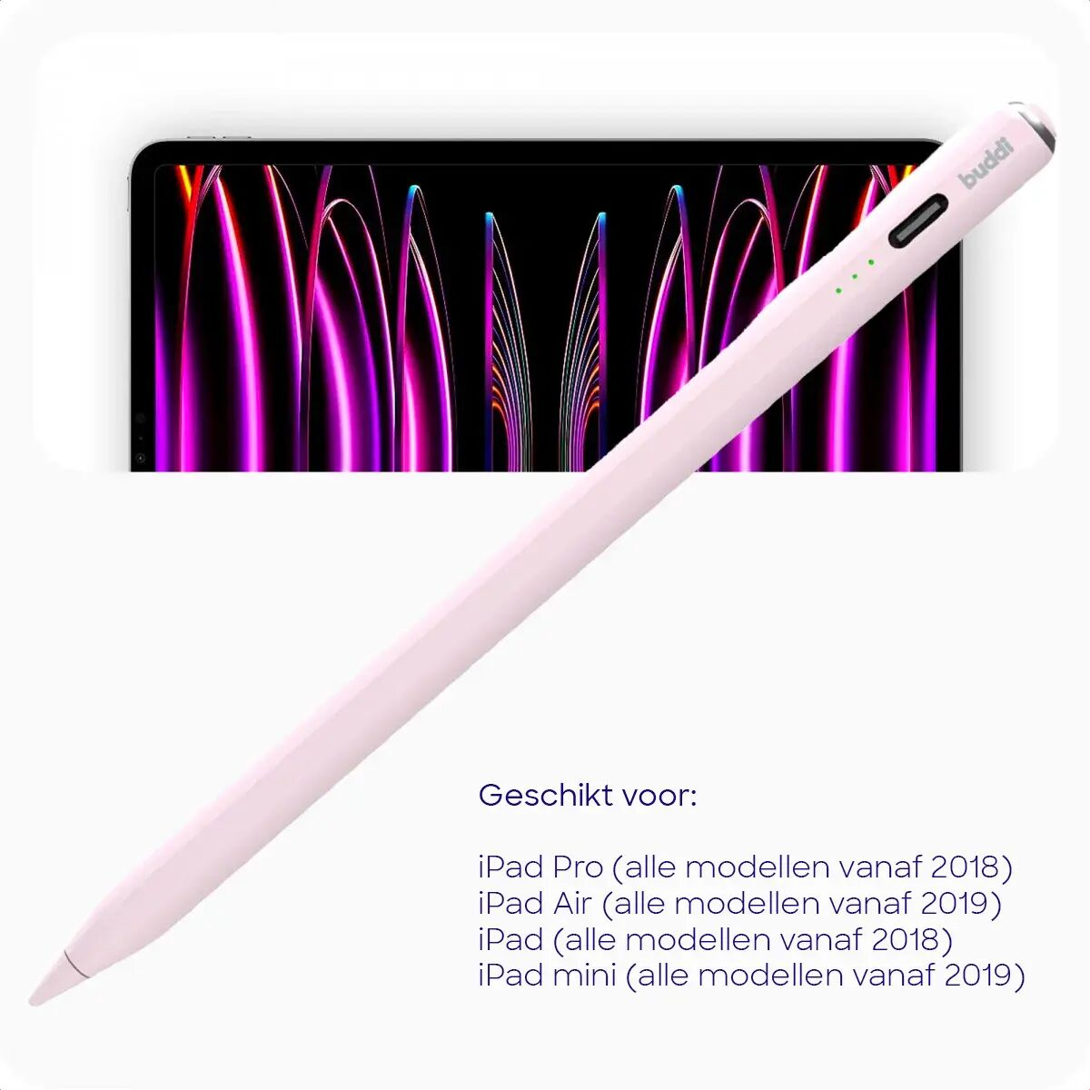 Een roze stylus ligt op een iPad met een gestreept paars en blauw behang.