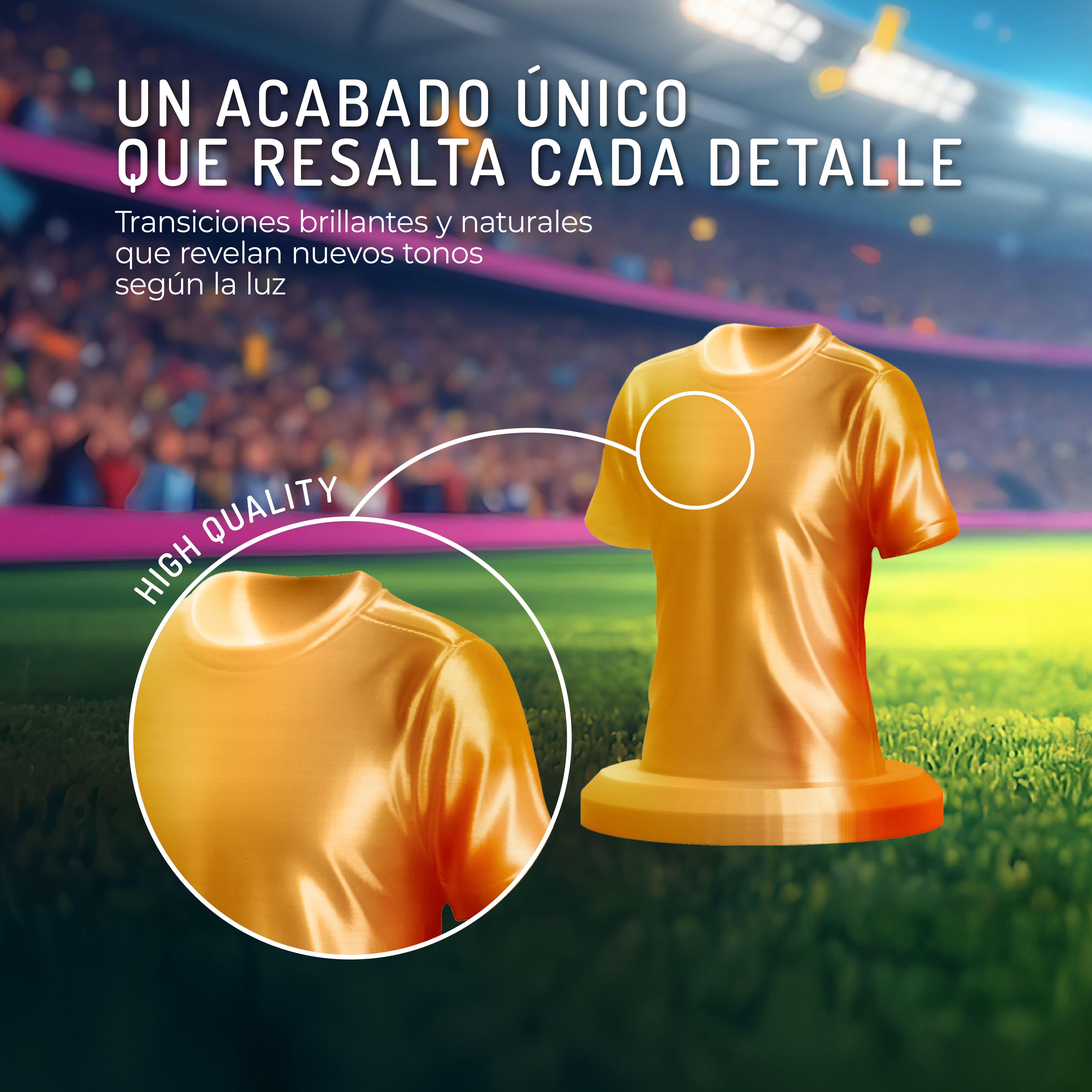 Un maniquí de camiseta de fútbol naranja con texto y fondo de estadio.