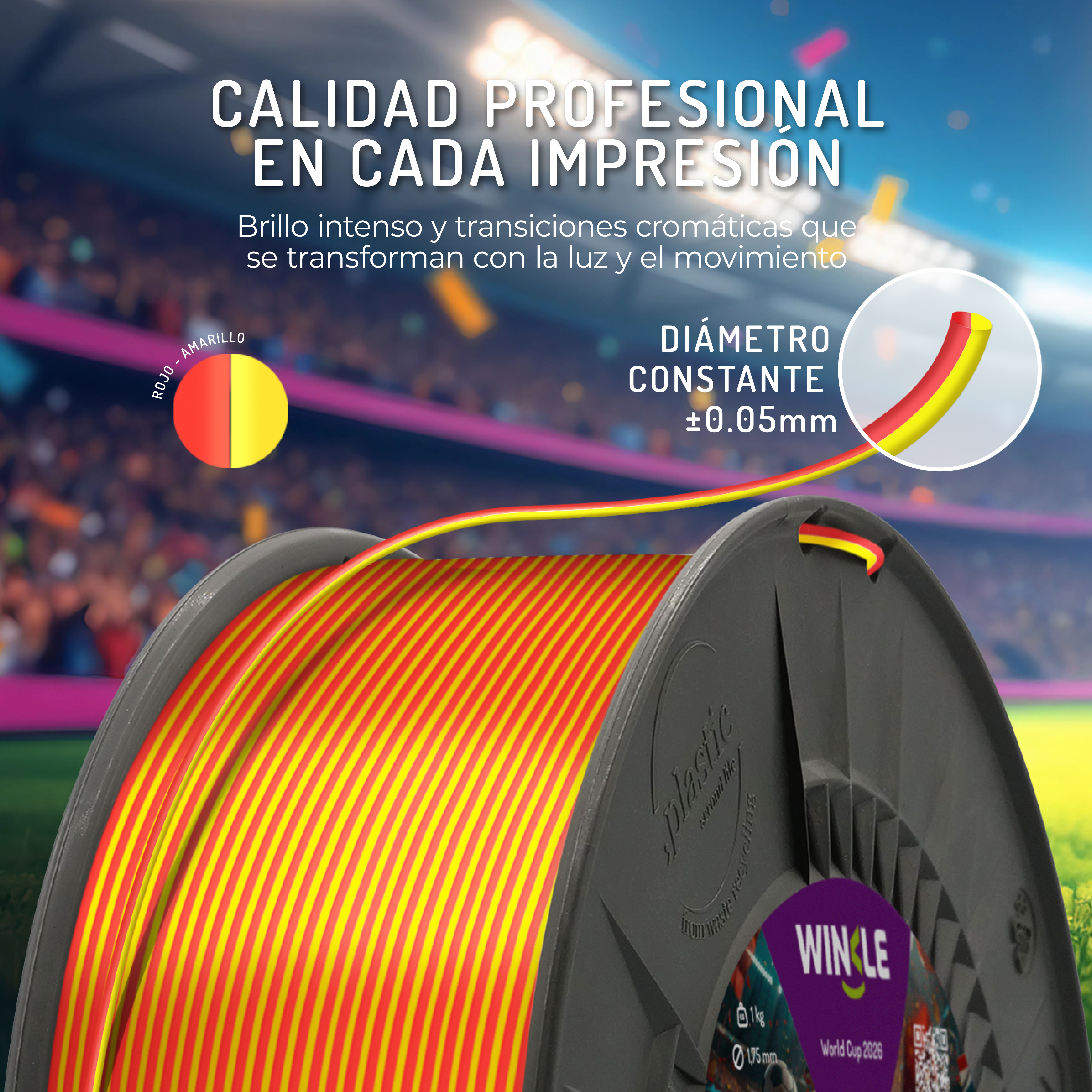 Bobina roja y amarilla de filamento, representando impresión 3D.