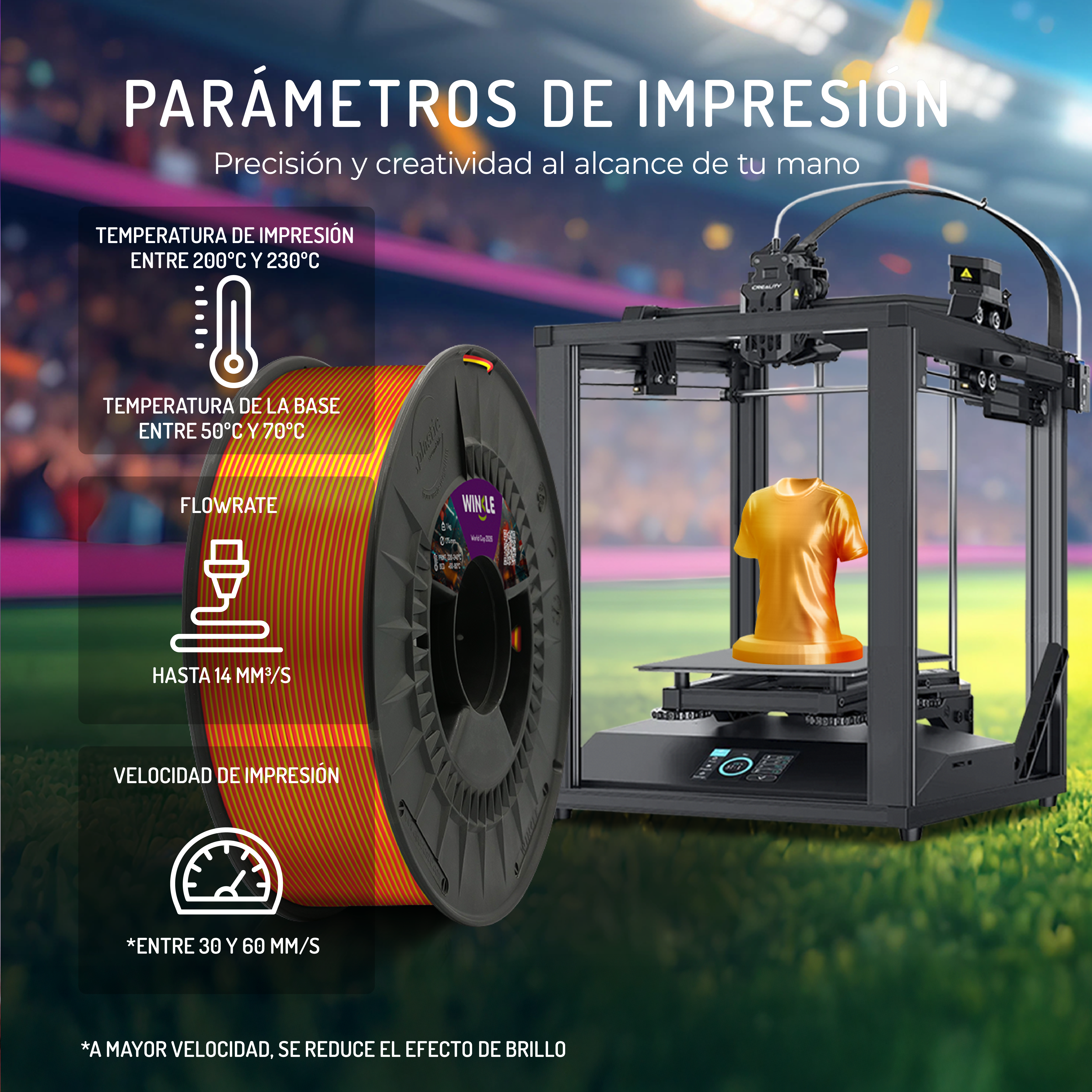 Impresora 3D con rollo de filamento naranja. Se muestran parámetros de impresión.