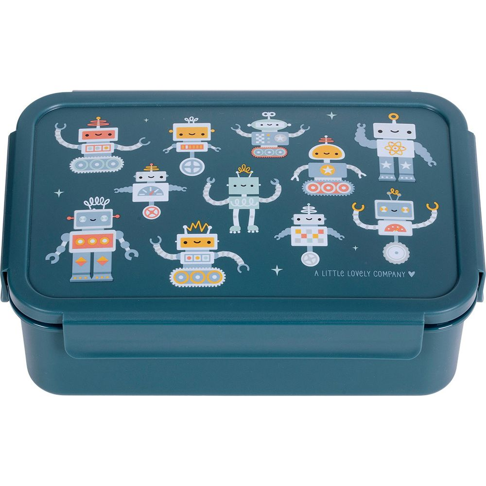 Dunkelgrüne Lunchbox mit verschiedenen bunten Robotern im Comic-Stil.