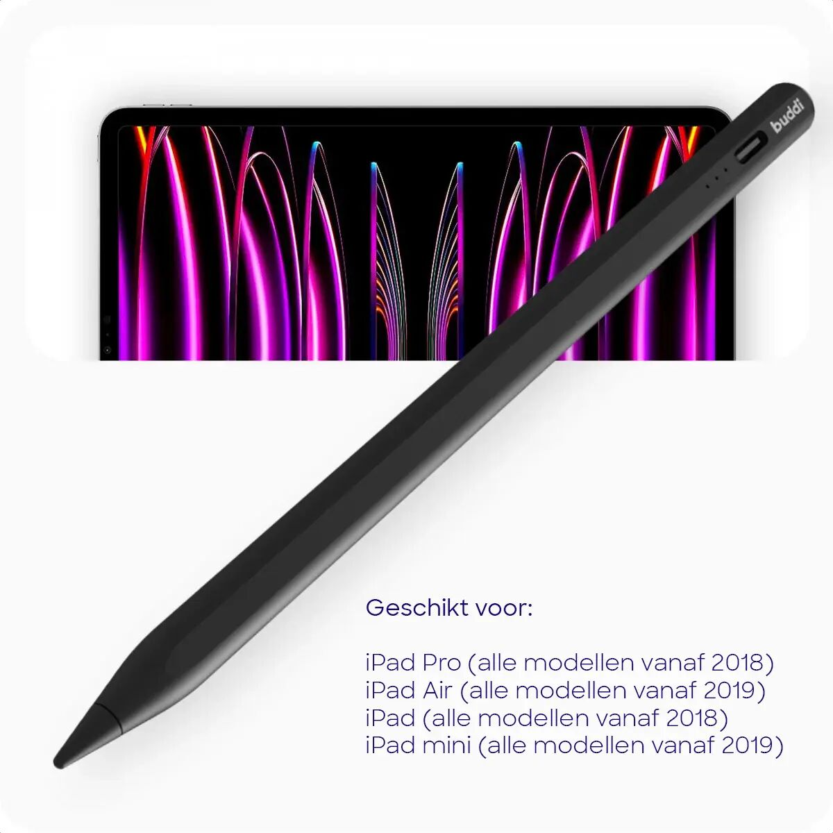 Een zwarte stylus ligt diagonaal over een iPad met paarse en roze strepen.
