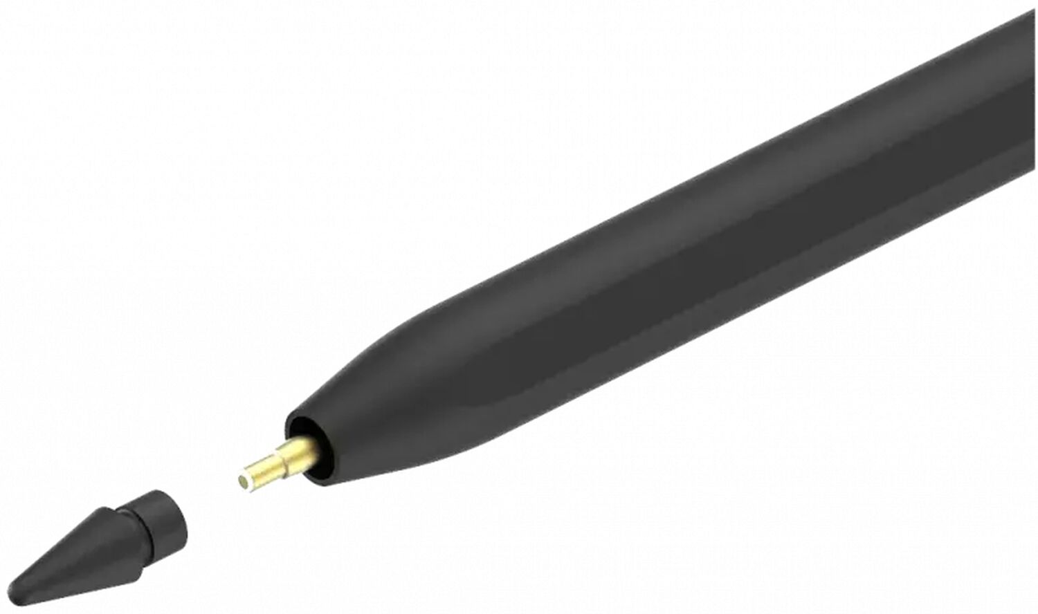 Een zwarte stylus met afneembare punt en gouden connector.