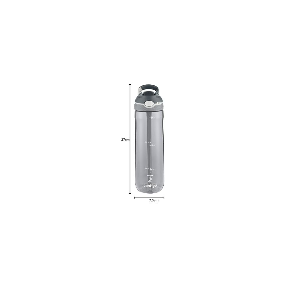 Graue Contigo-Wasserflasche mit Messmarkierungen, 27 cm hoch, 7,5 cm breit.