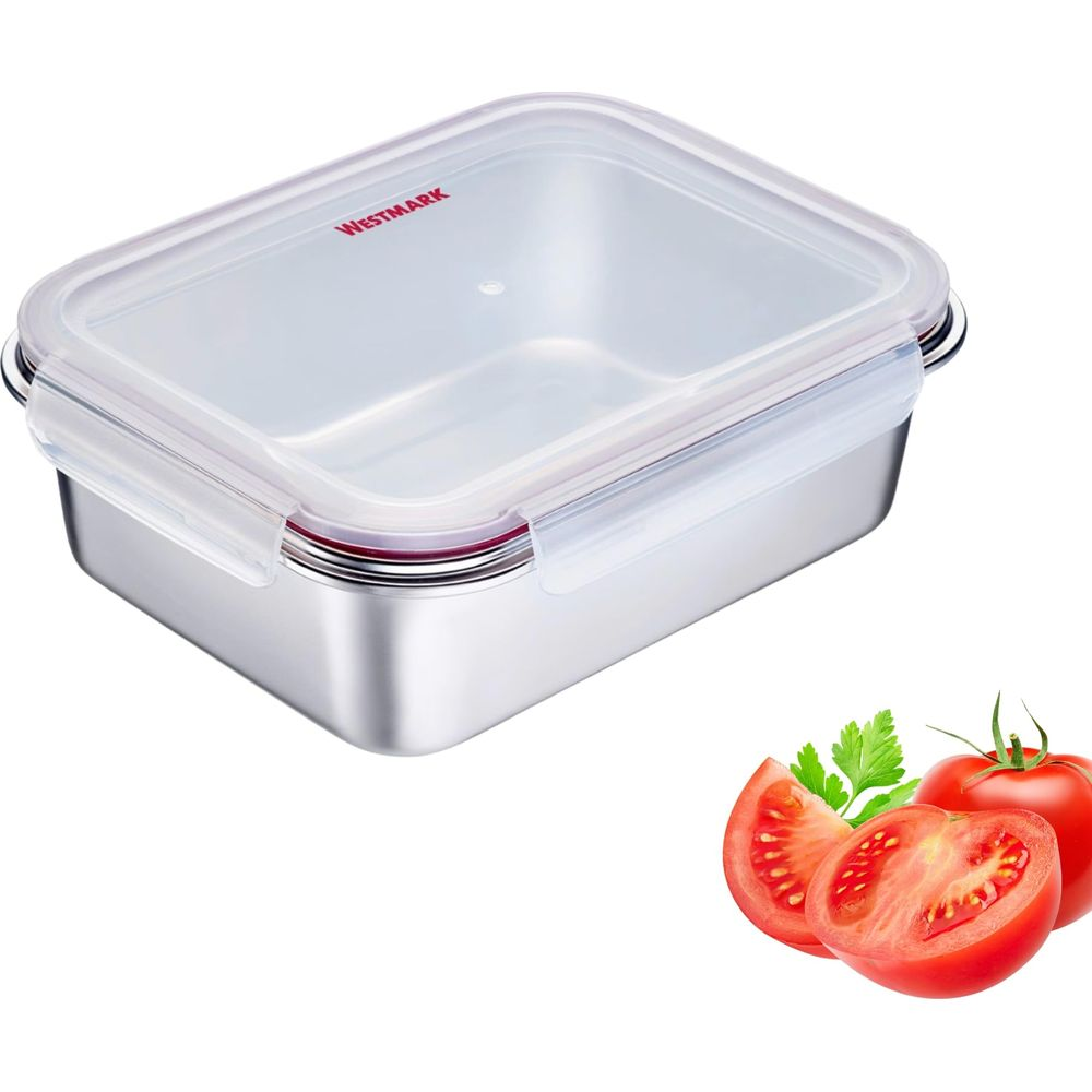 Edelstahlbehälter mit durchsichtigem Deckel und zwei Tomaten daneben.