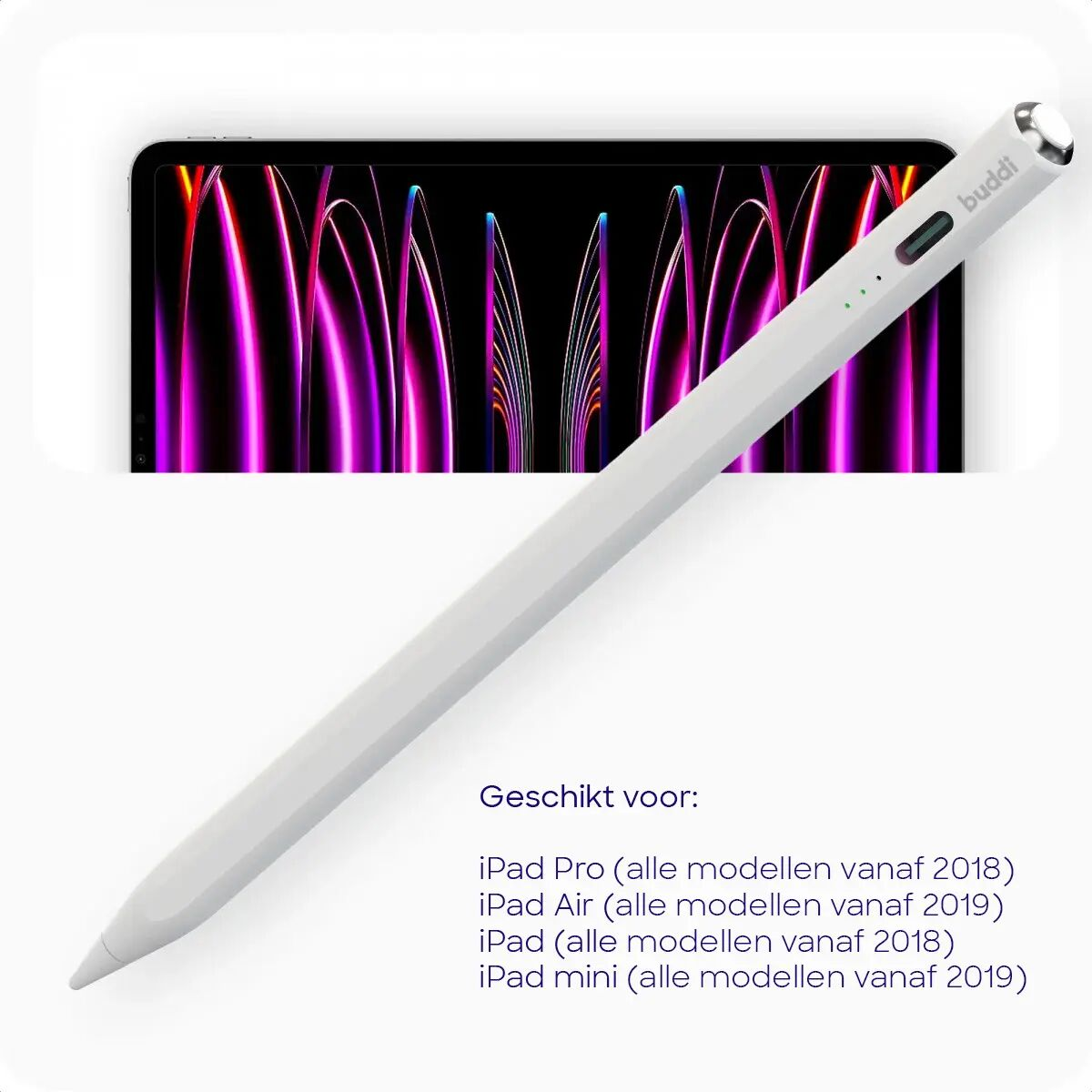 Een witte stylus rust op een tablet met paarse en roze verticale strepen.