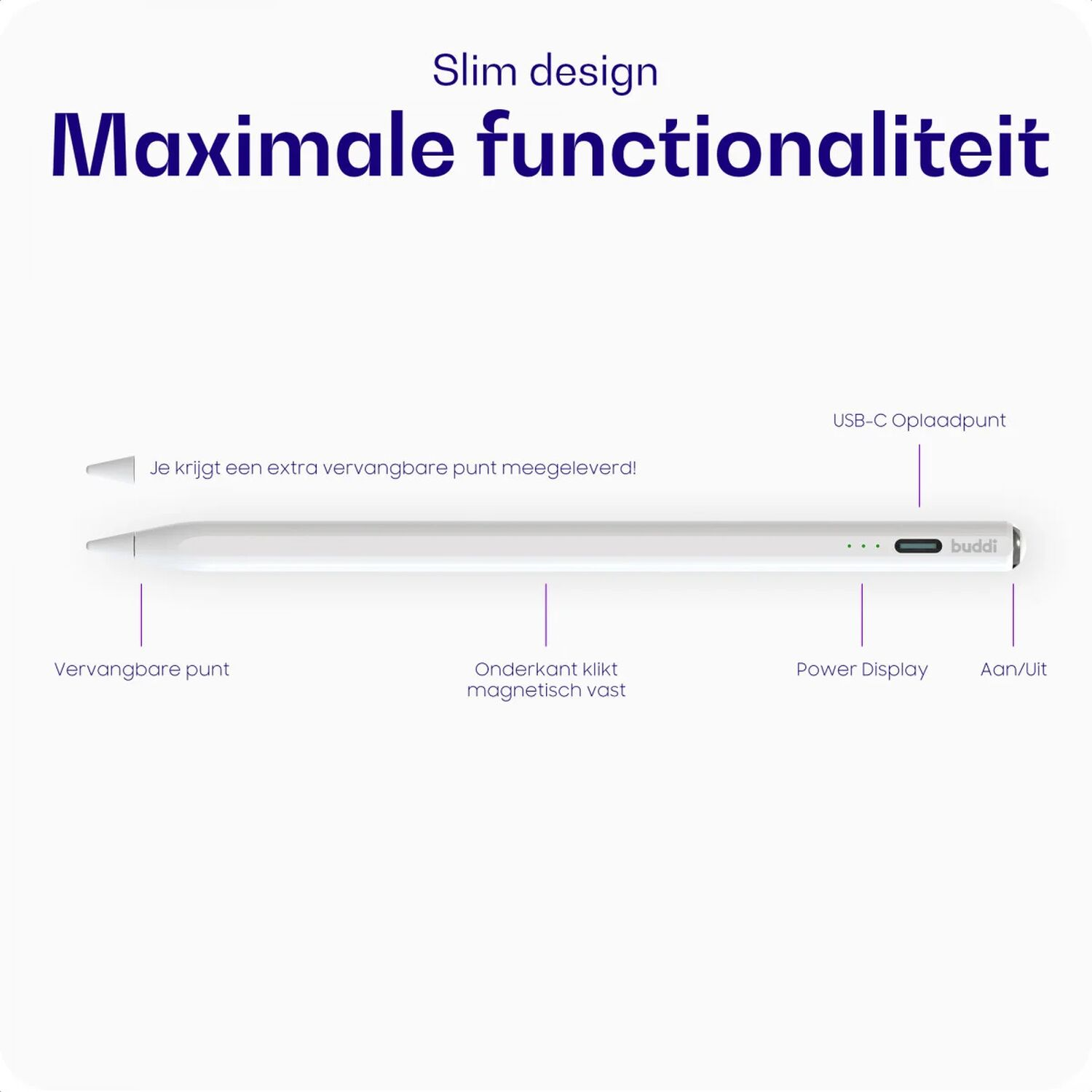 Slank ontwerp met maximale functionaliteit, toont een pen met oplaadpoort.