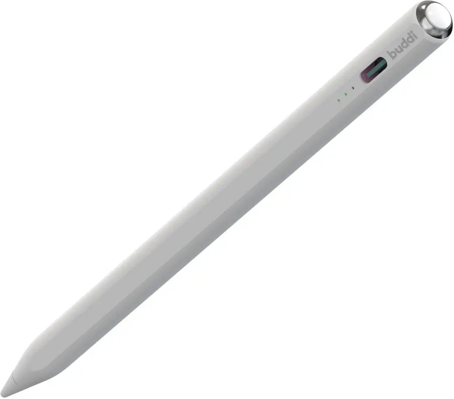 Een slanke, witte stylus met een zilveren dop en oplaadindicatoren.