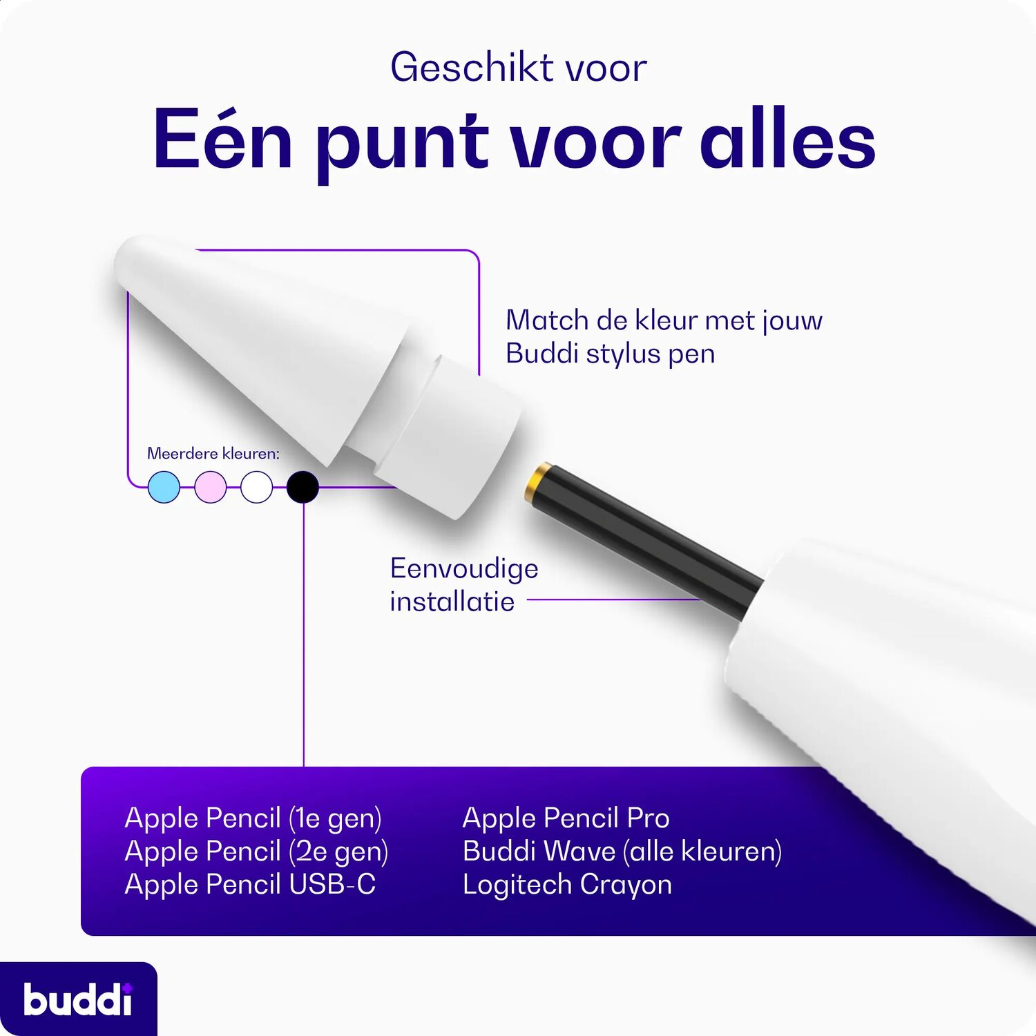Witte stiftpunt met gekleurde cirkels. Compatibel met Apple Pencil en Logitech.