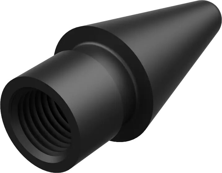 Een zwarte, conische adapter met interne schroefdraad aan één uiteinde.