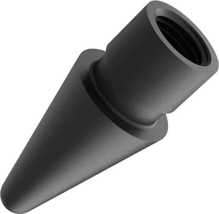 Een zwarte stylus punt met schroefdraad aan één uiteinde.