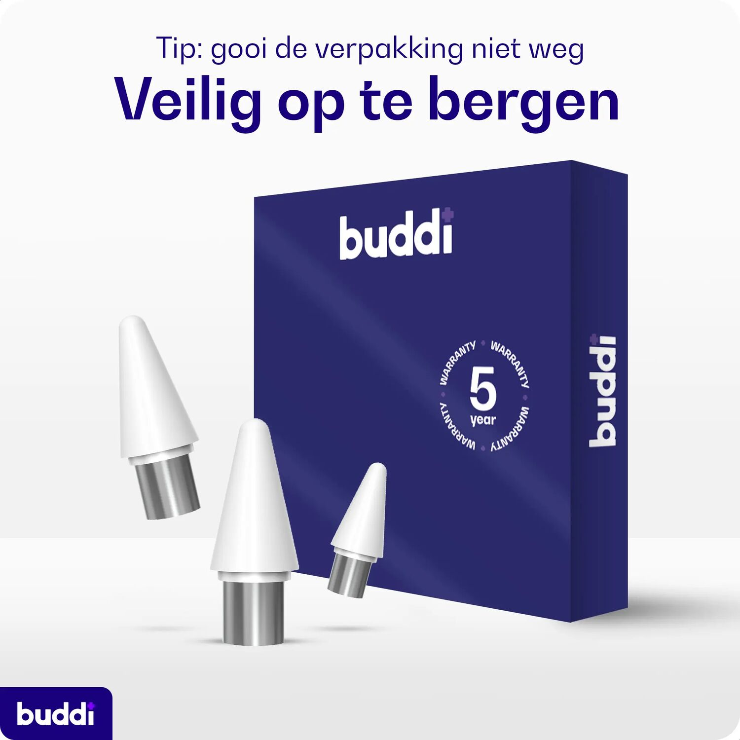 Drie witte penpunten met zilveren bases naast een blauwe doos met garantie.