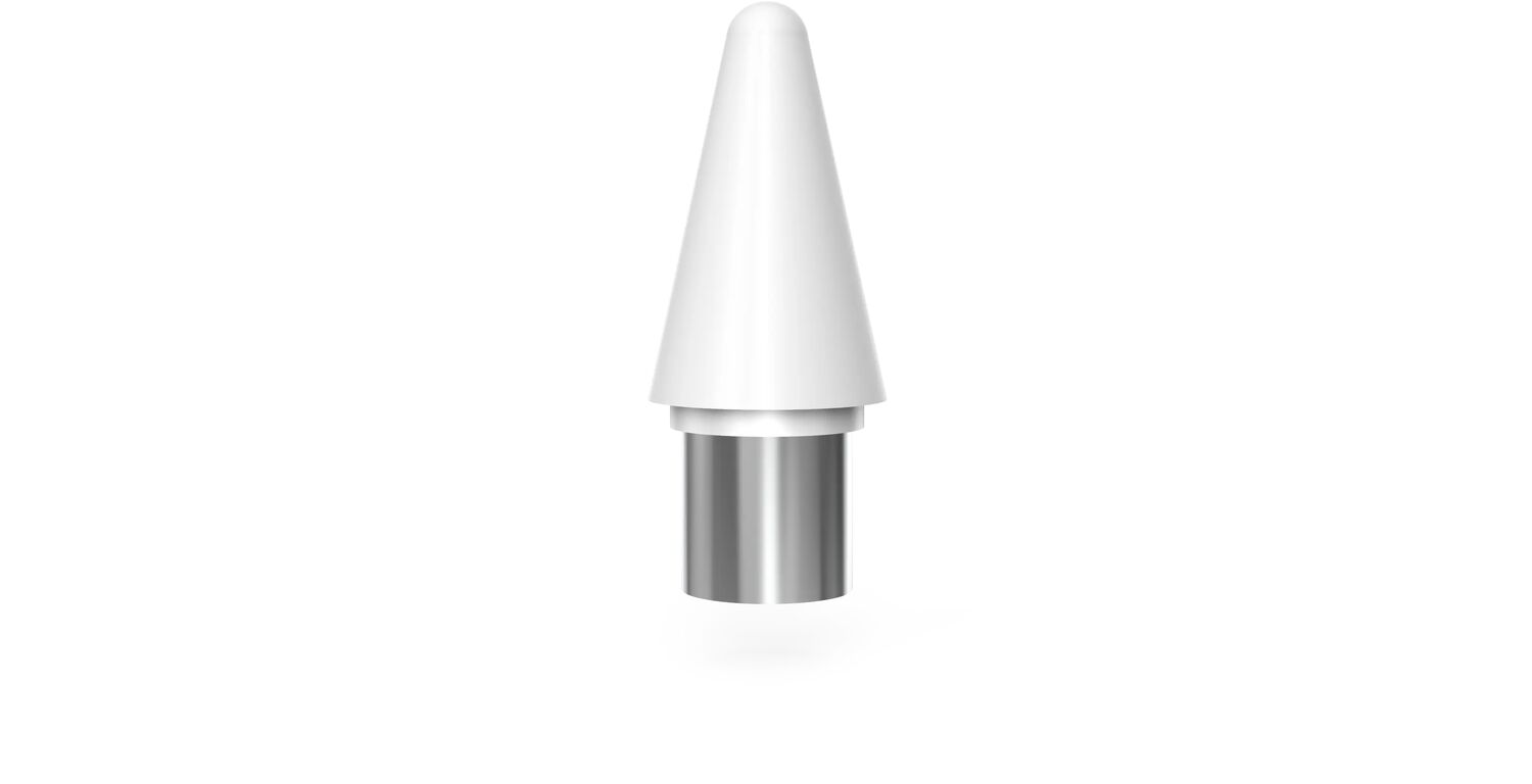 Een puntige witte penpunt met een zilveren schacht tegen een witte achtergrond.