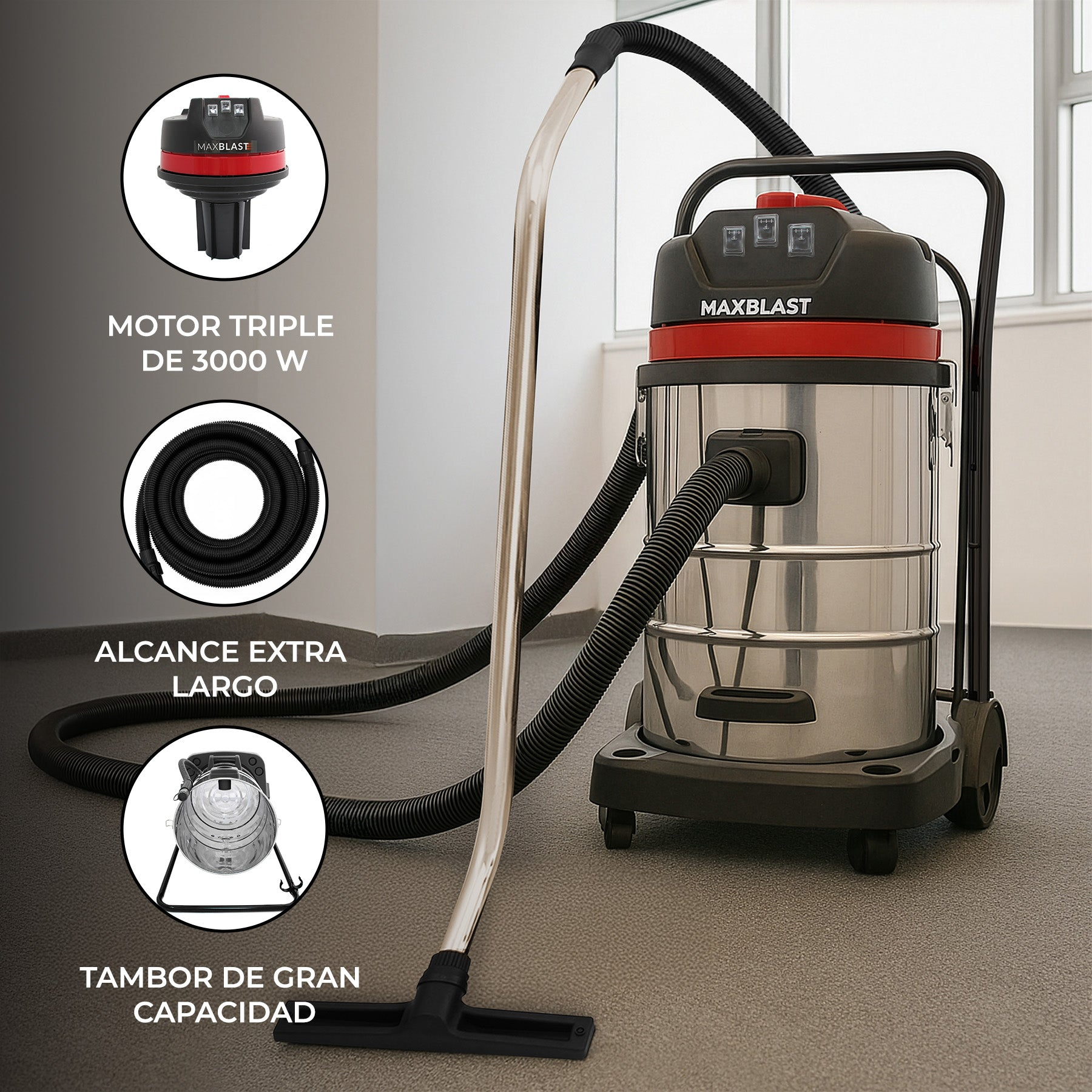 Un aspirador plateado y negro con detalles rojos y mangueras largas.