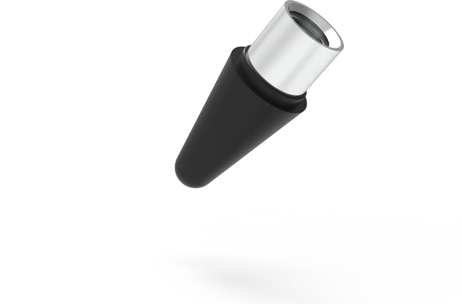 Een zwart, taps toelopend object met een zilverkleurig boveneind.