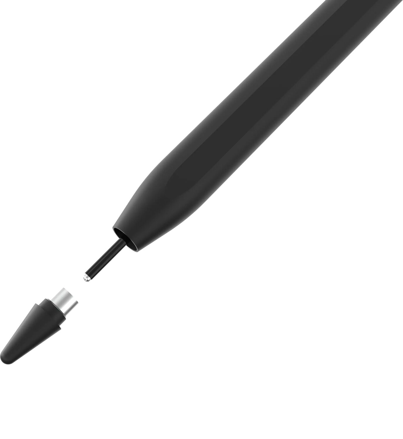 Een zwarte stylus pen met de punt verwijderd, op witte achtergrond.