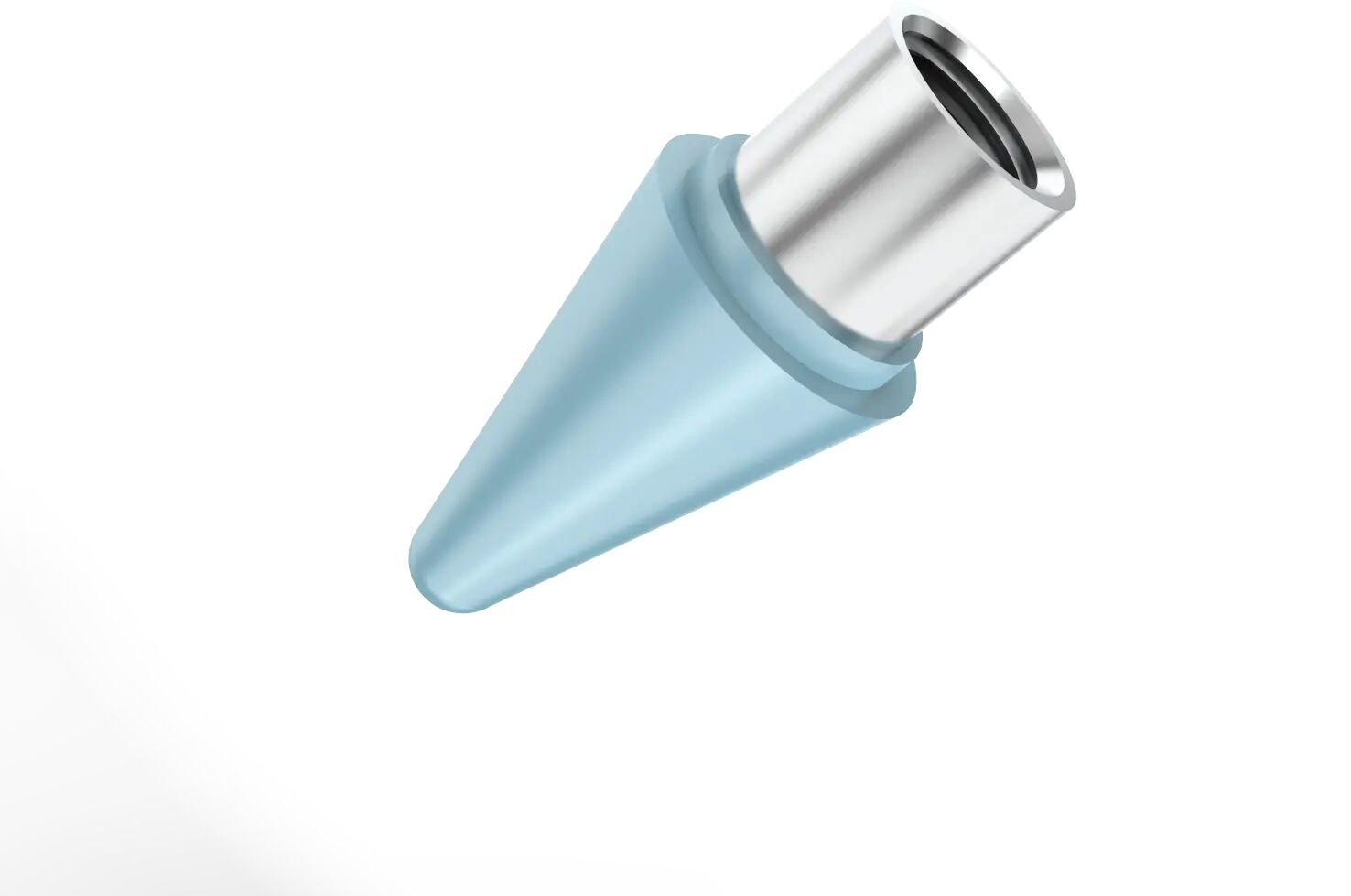 Een blauwe potloodpunt met een zilveren connector op witte achtergrond.