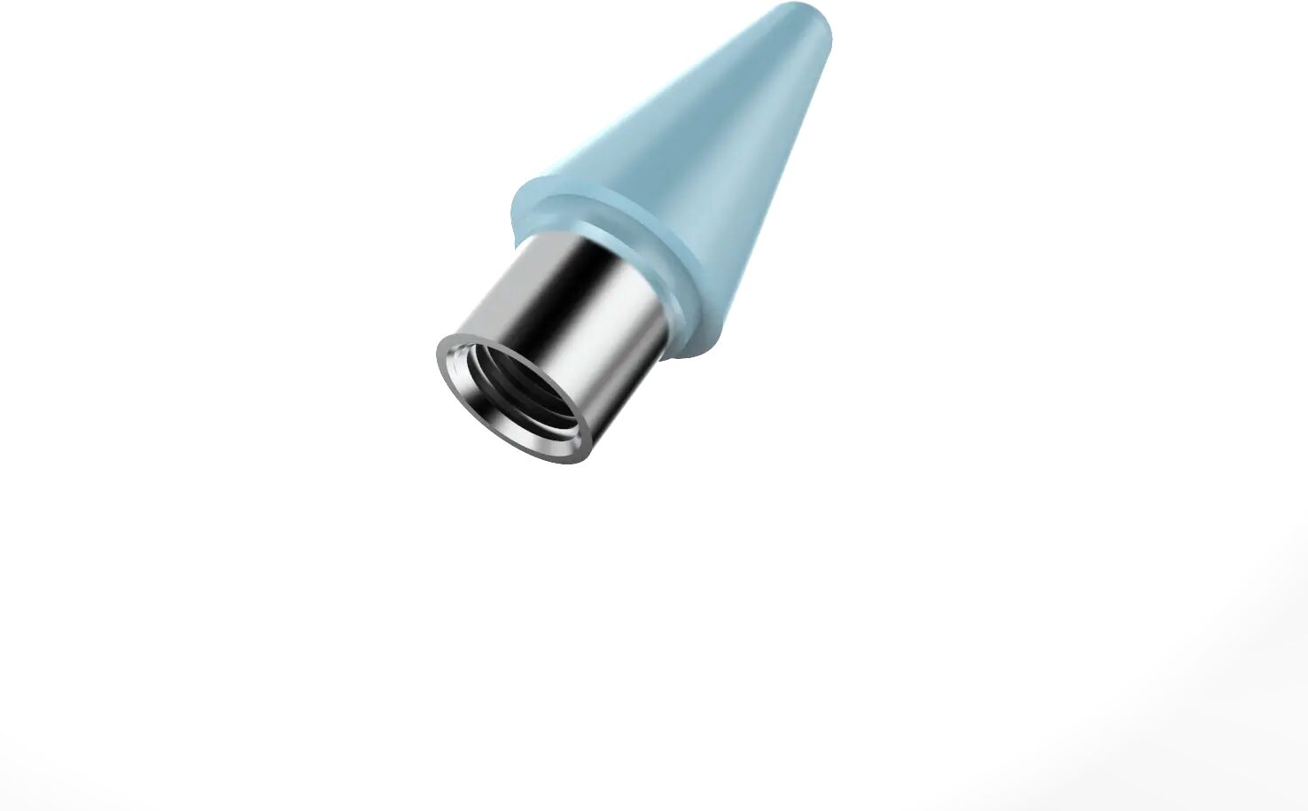 Een lichtblauwe potloodpunt met zilveren schroefdraadconnector op witte achtergrond.