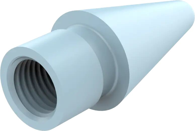 Een witte cilindrische fitting met een schroefdraadeinde.