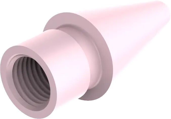 Een roze adapter met schroefdraad aan het ene uiteinde en een conische vorm aan het andere.