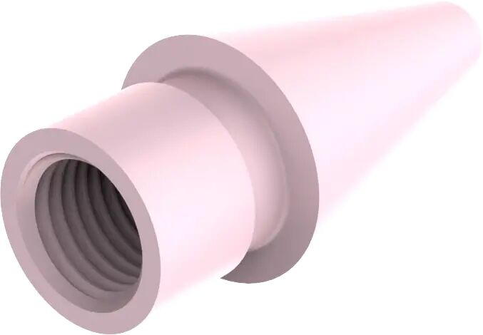 Een roze adapter met schroefdraad aan één uiteinde en een conische punt.