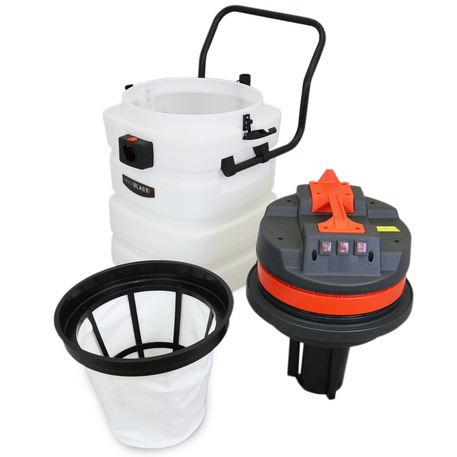 Tanque de aspiradora blanco con asa, bolsa de filtro y unidad de motor gris y naranja desmontada.