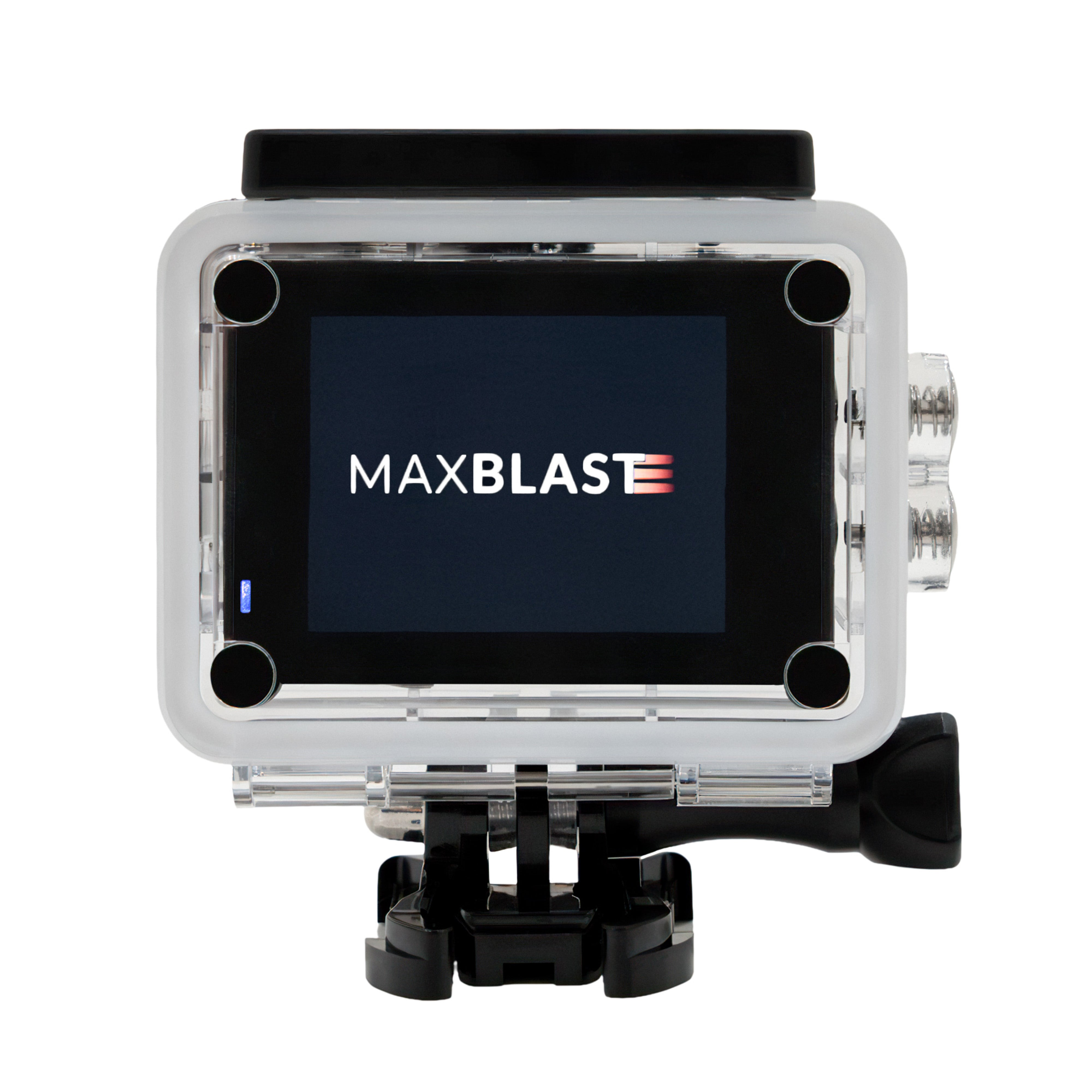 Cámara de acción en carcasa transparente con el logo MAXBLAST.