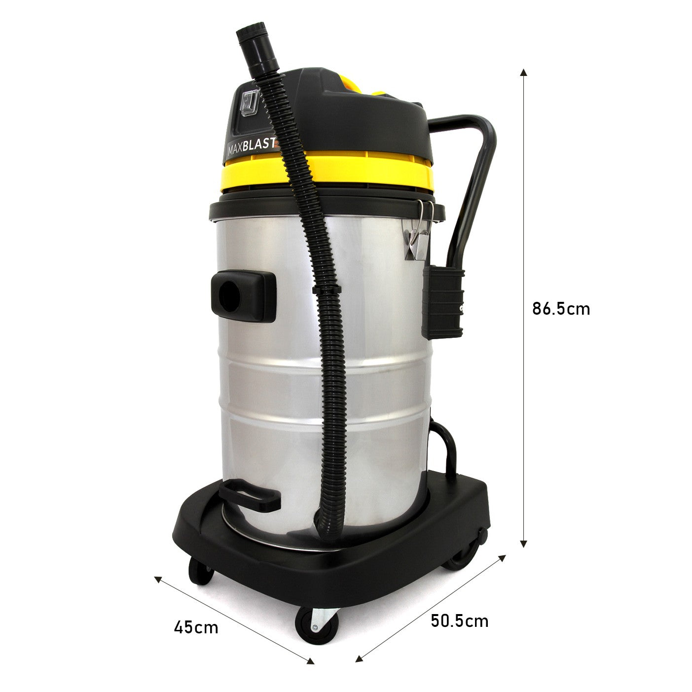 Una aspiradora plateada para líquidos y sólidos con cuerpo negro y amarillo está sobre ruedas.