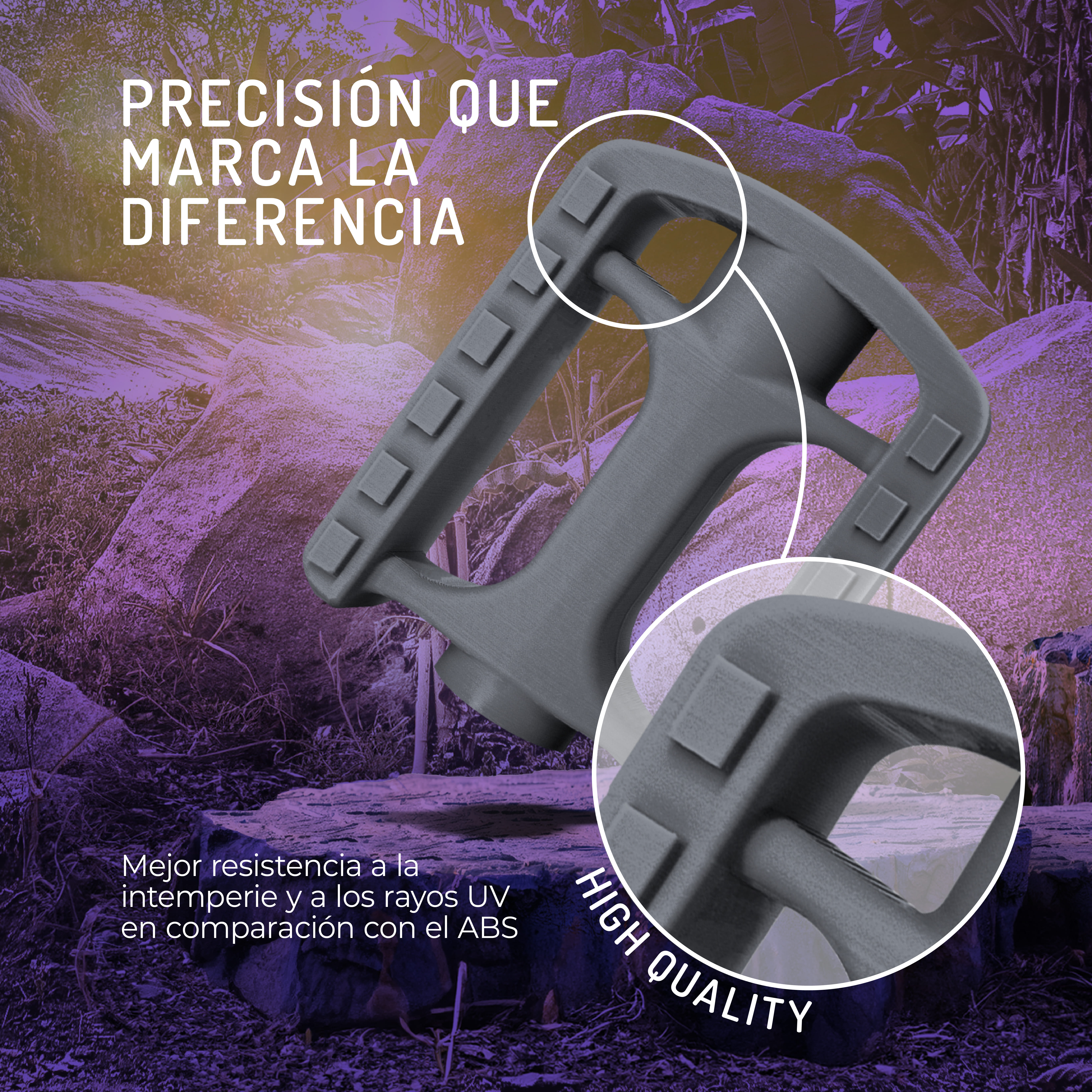 Prototipo de pedal de bicicleta gris con superposición de texto sobre fondo de rocas y plantas.