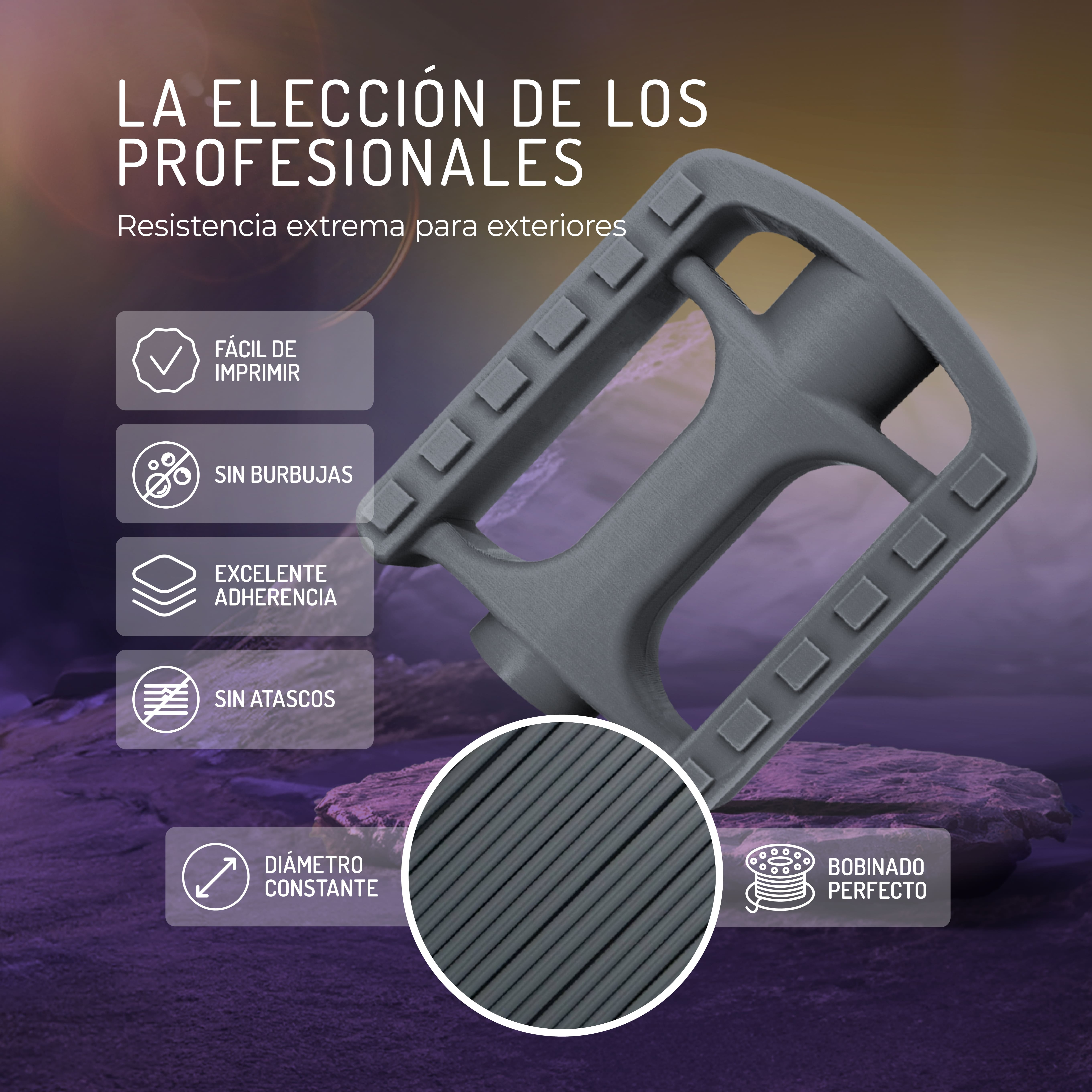 Cabezal de filamento de impresión 3D gris sobre fondo morado con texto.