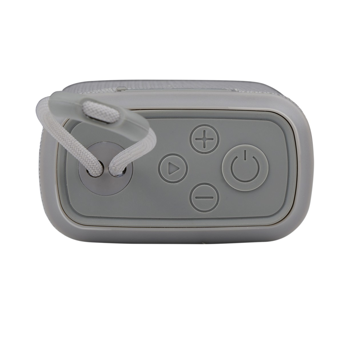 Gray speaker with control buttons and a carrying strap.