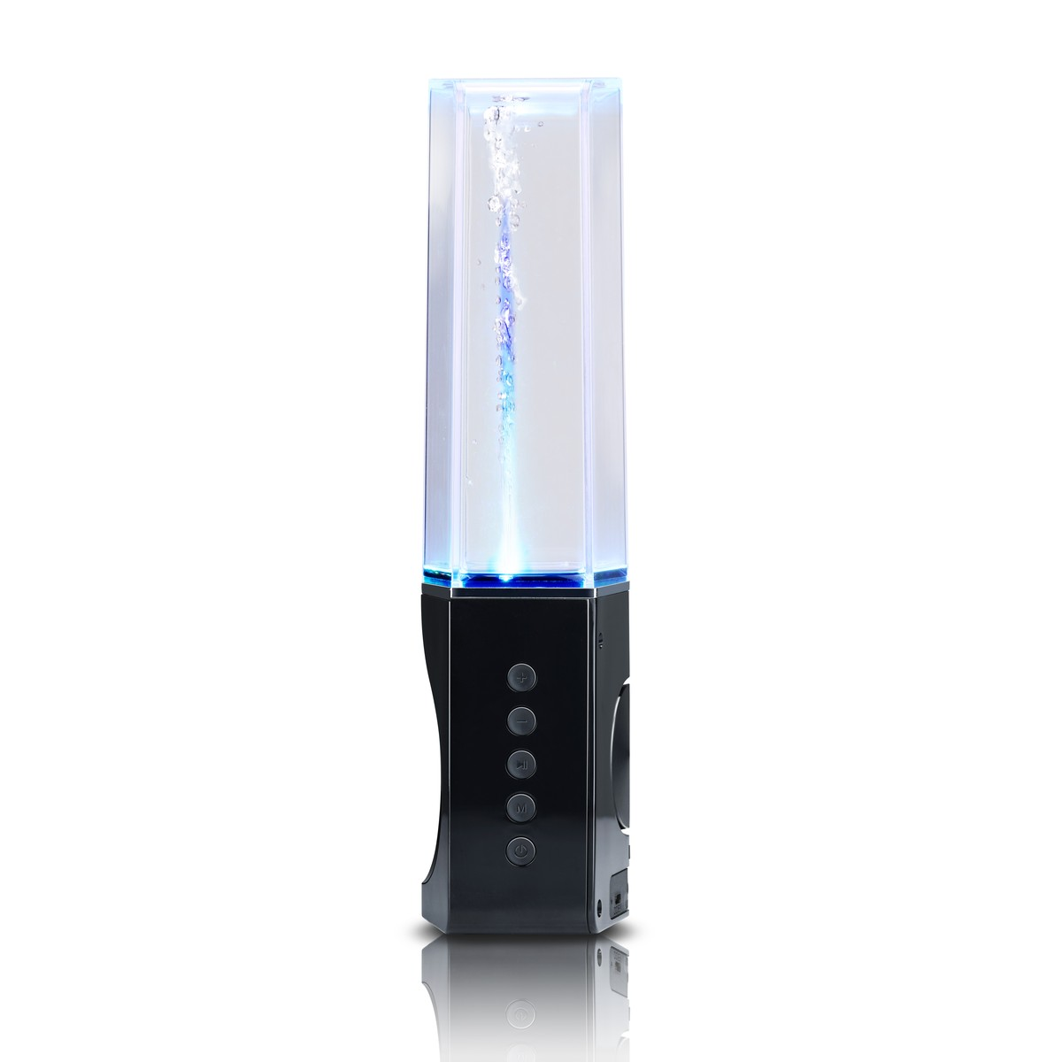 A sleek black speaker with a lit water tank and rising bubbles.