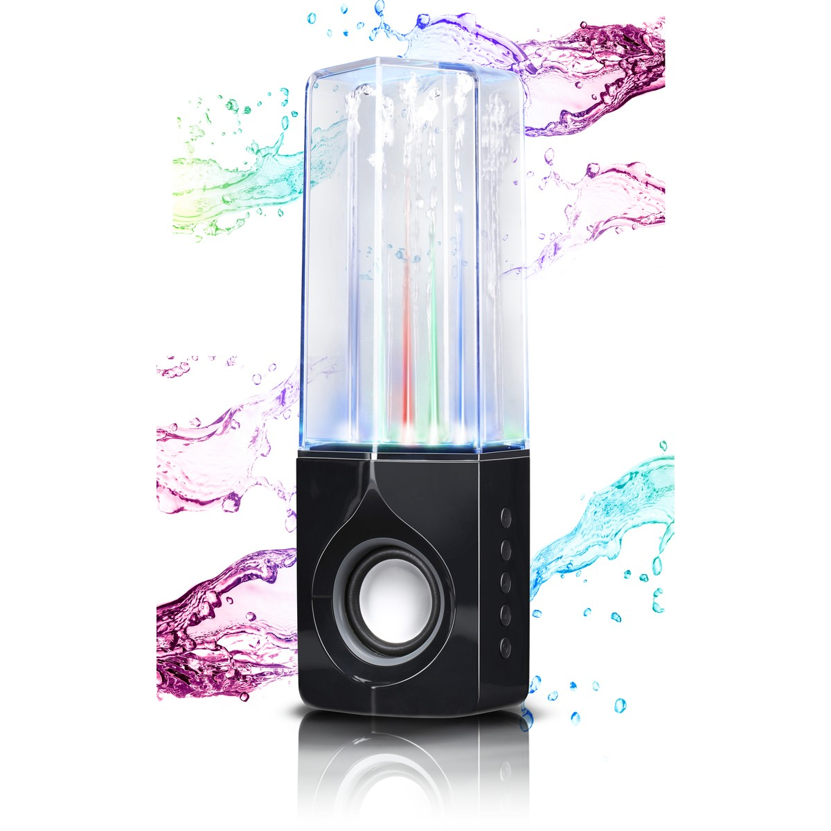 A black speaker with a clear top section emitting water jets and colored lights.
