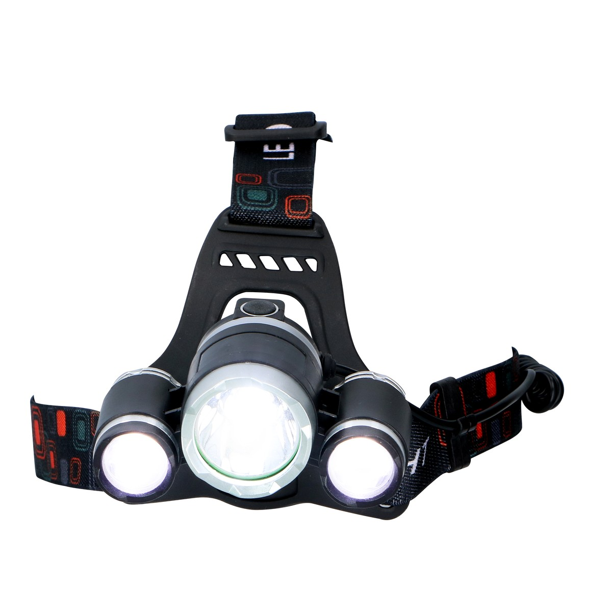 A black headlamp with three lights and a colorful strap.