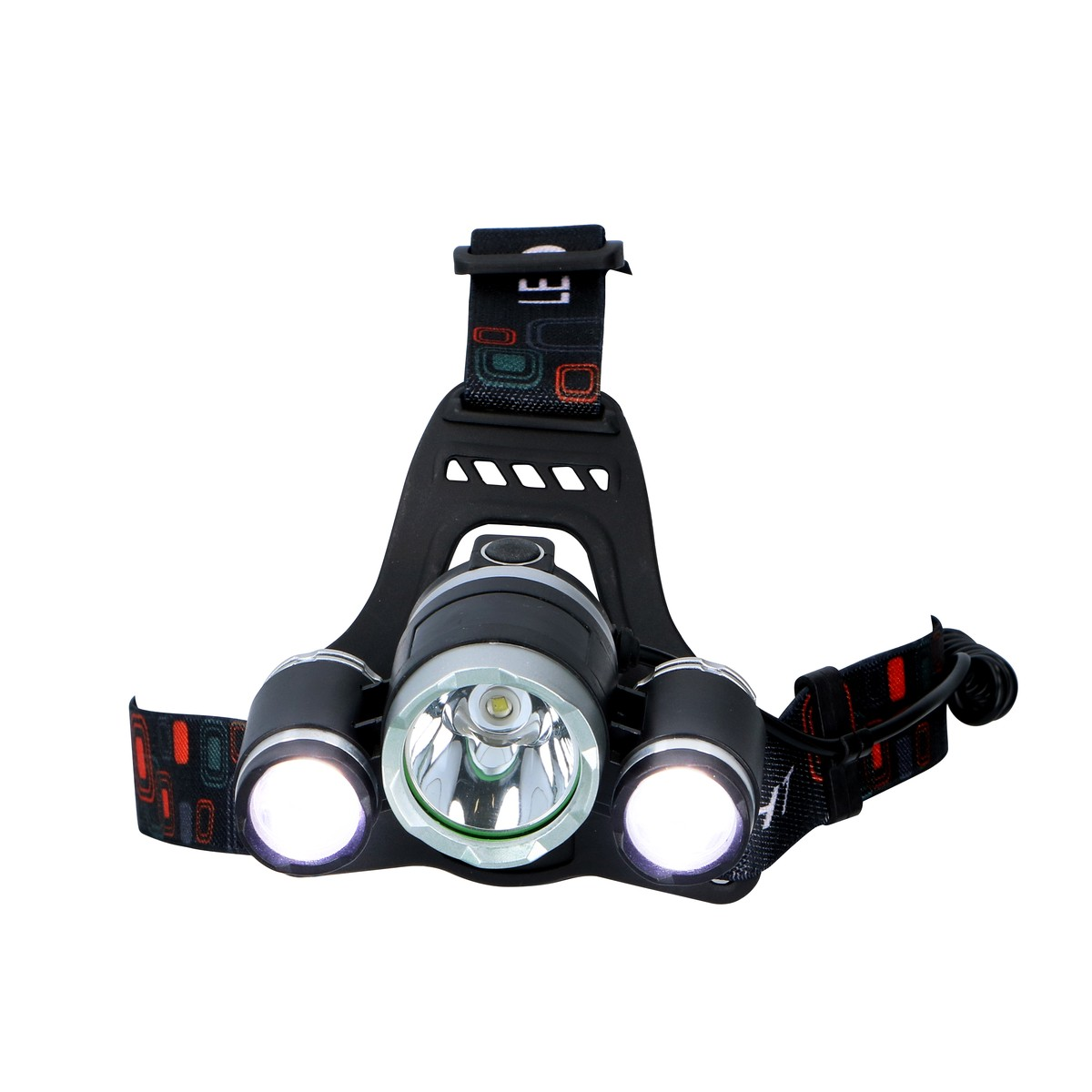 Black headlamp with three lights and a patterned strap.
