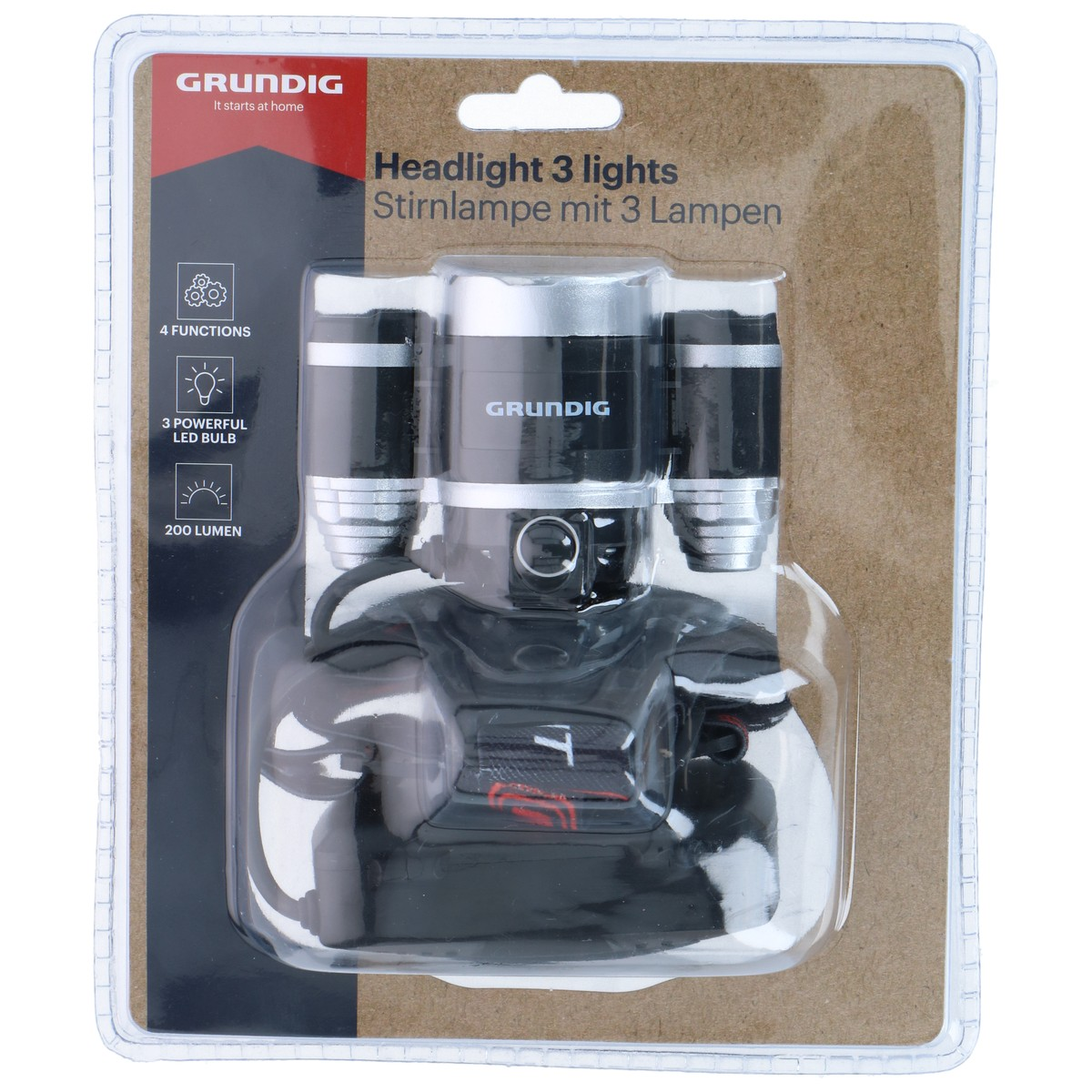 Grundig Headlight with 3 lights and 3 LED bulbs, 200 lumens.