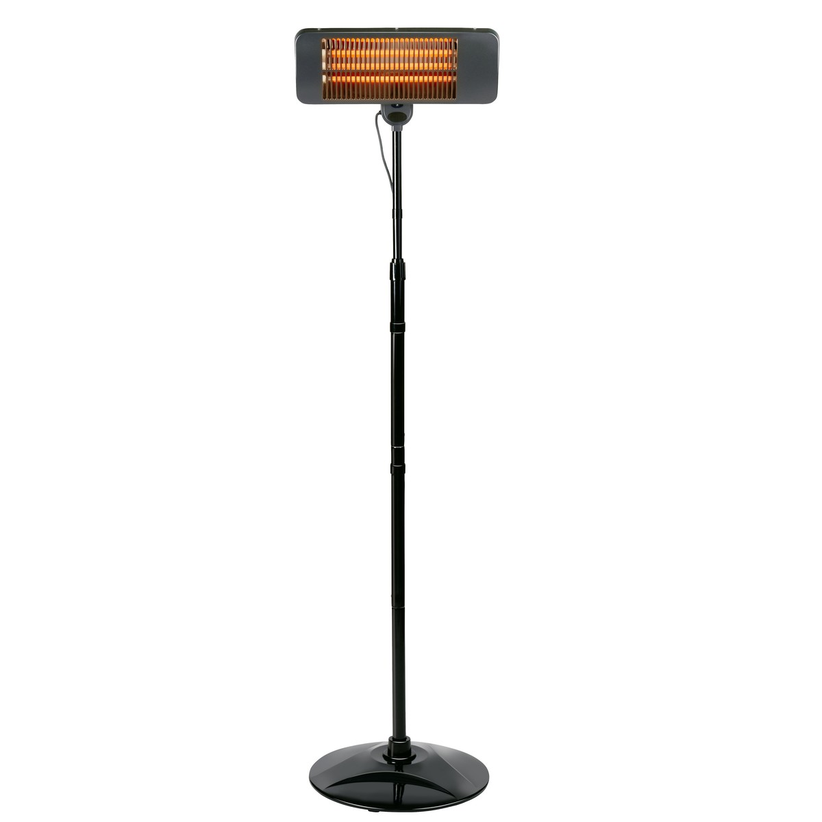 A black standing heater with a rectangular head and heating elements.