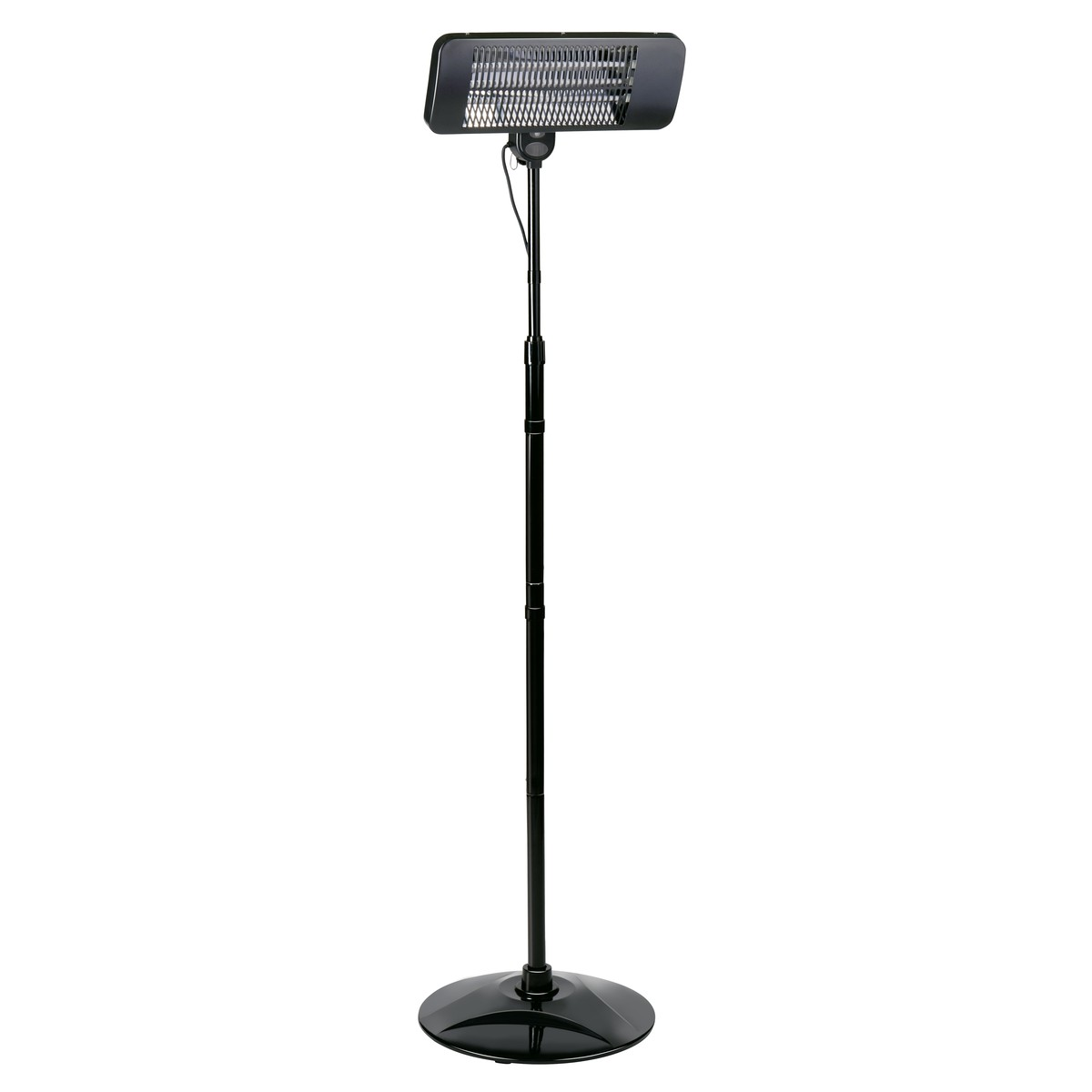 A black standing heater with an adjustable pole on a round base.