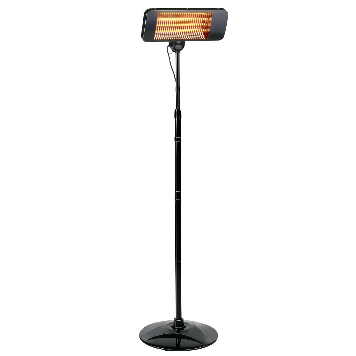 A black outdoor heater on a stand, with glowing heating elements, isolated on white.