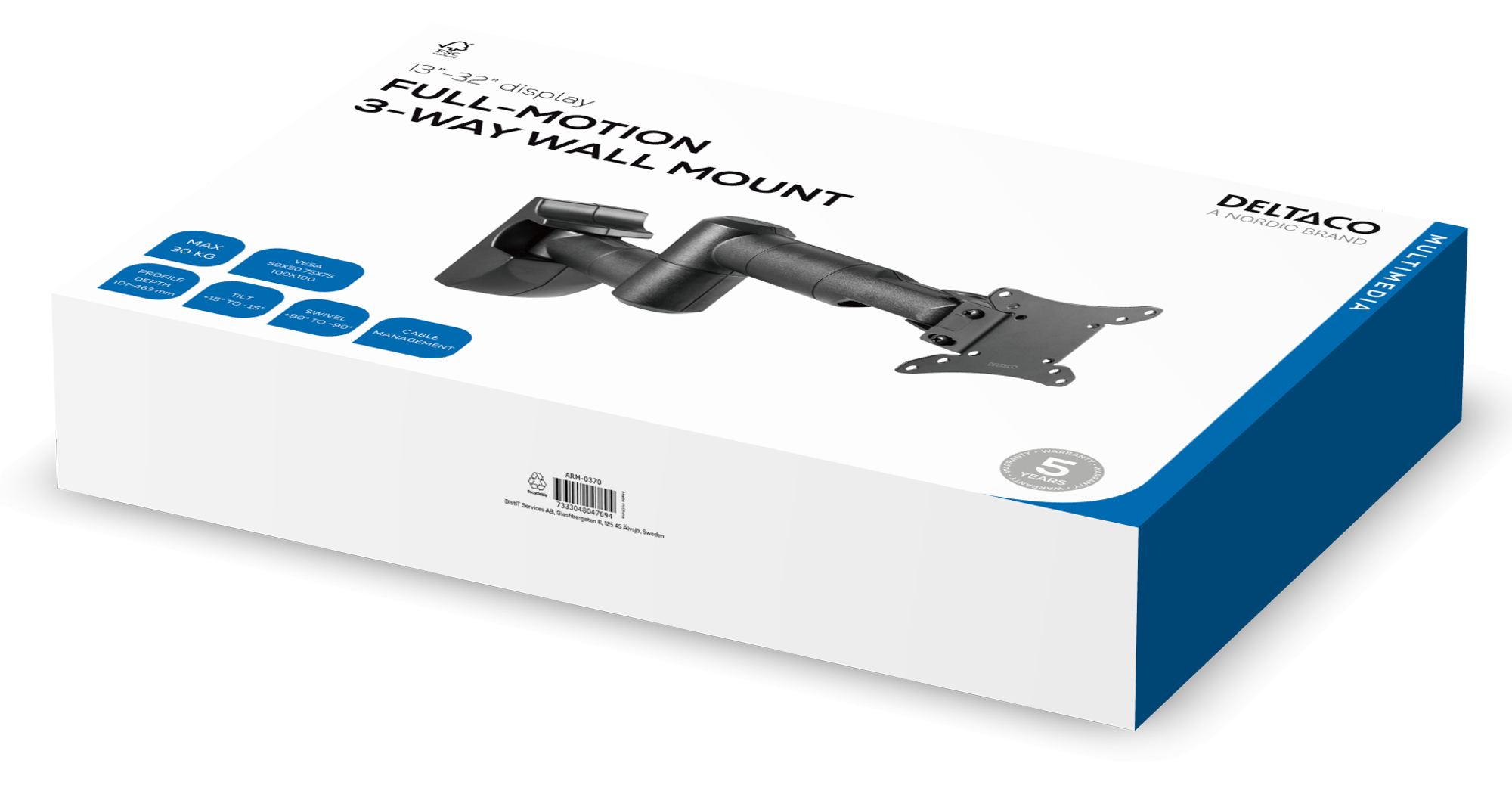 Verpackung zeigt eine schwarze 3-Wege-Schwenkarm-Wandhalterung für 13-32" Displays.