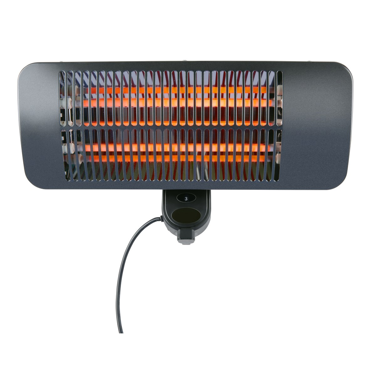 A gray heater with glowing orange heating elements and a black cord.
