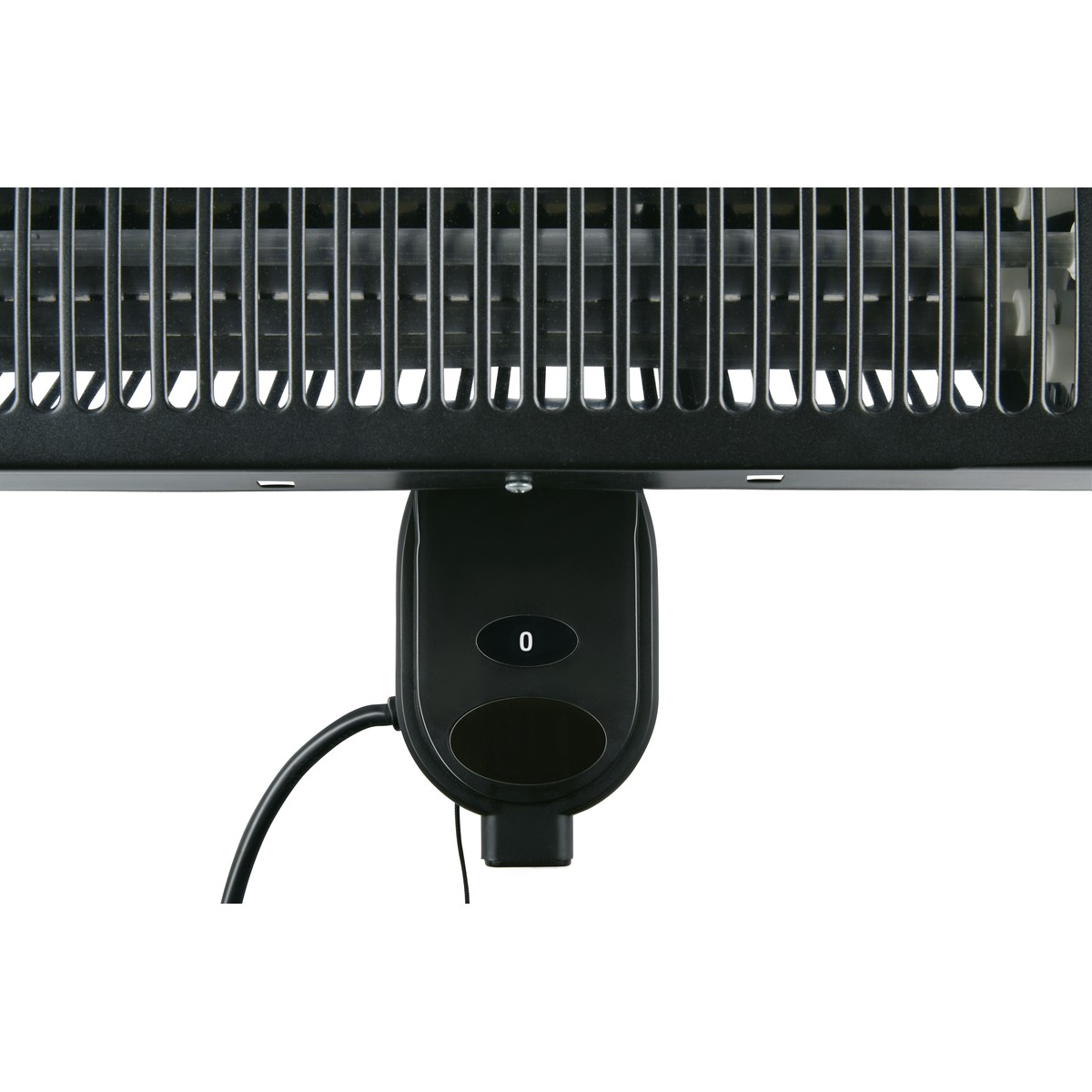 Close-up of a black heater unit with a control panel and cord.