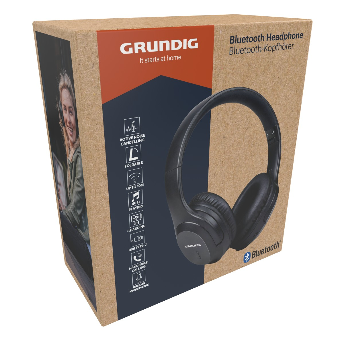 Scatola cuffie Bluetooth Grundig con icone e testo delle funzioni.