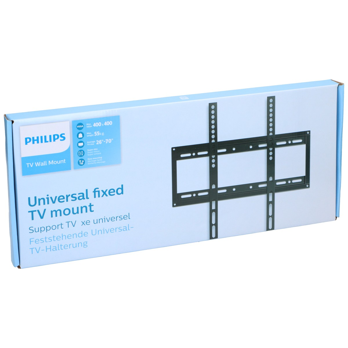 Verpackung für eine Philips TV-Wandhalterung, die maximal 55 kg trägt.