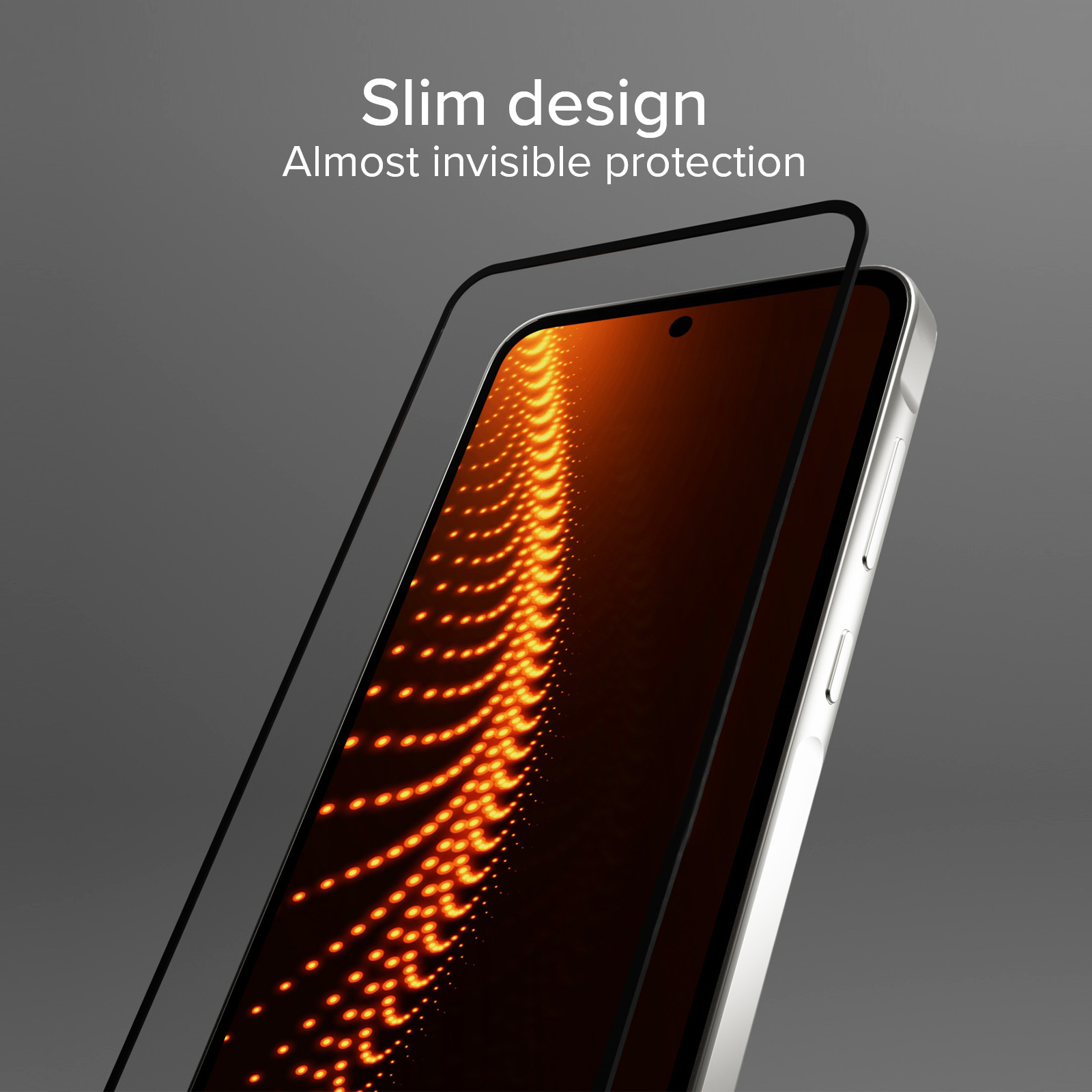 Telefono sottile con motivo luminoso arancione sullo schermo e pellicola protettiva.